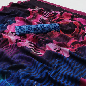Multicolored Floral With Striped Digital Printed Georgette Saree - Peachmode