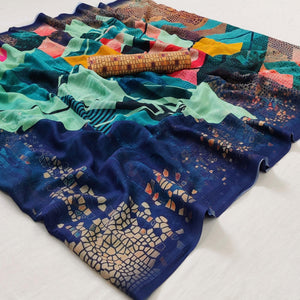 Multicolored Geometric Digital Printed Georgette Saree - Peachmode