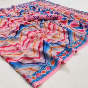 Multicolored Geometric Digital Printed Georgette Saree - Peachmode