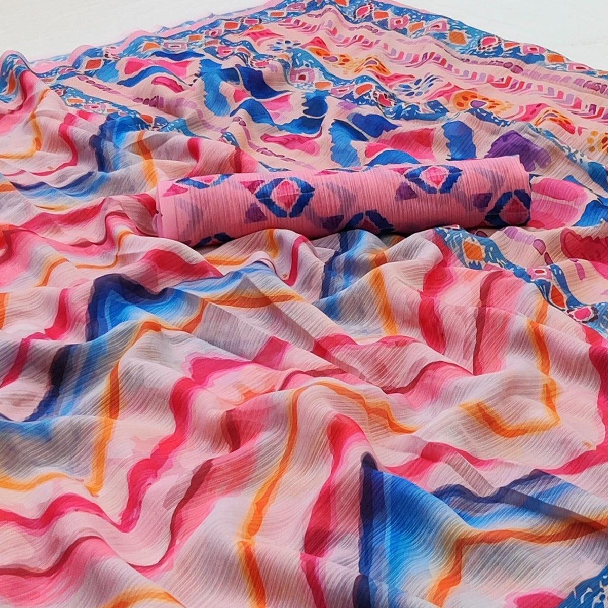 Multicolored Geometric Digital Printed Georgette Saree - Peachmode