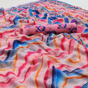 Multicolored Geometric Digital Printed Georgette Saree - Peachmode