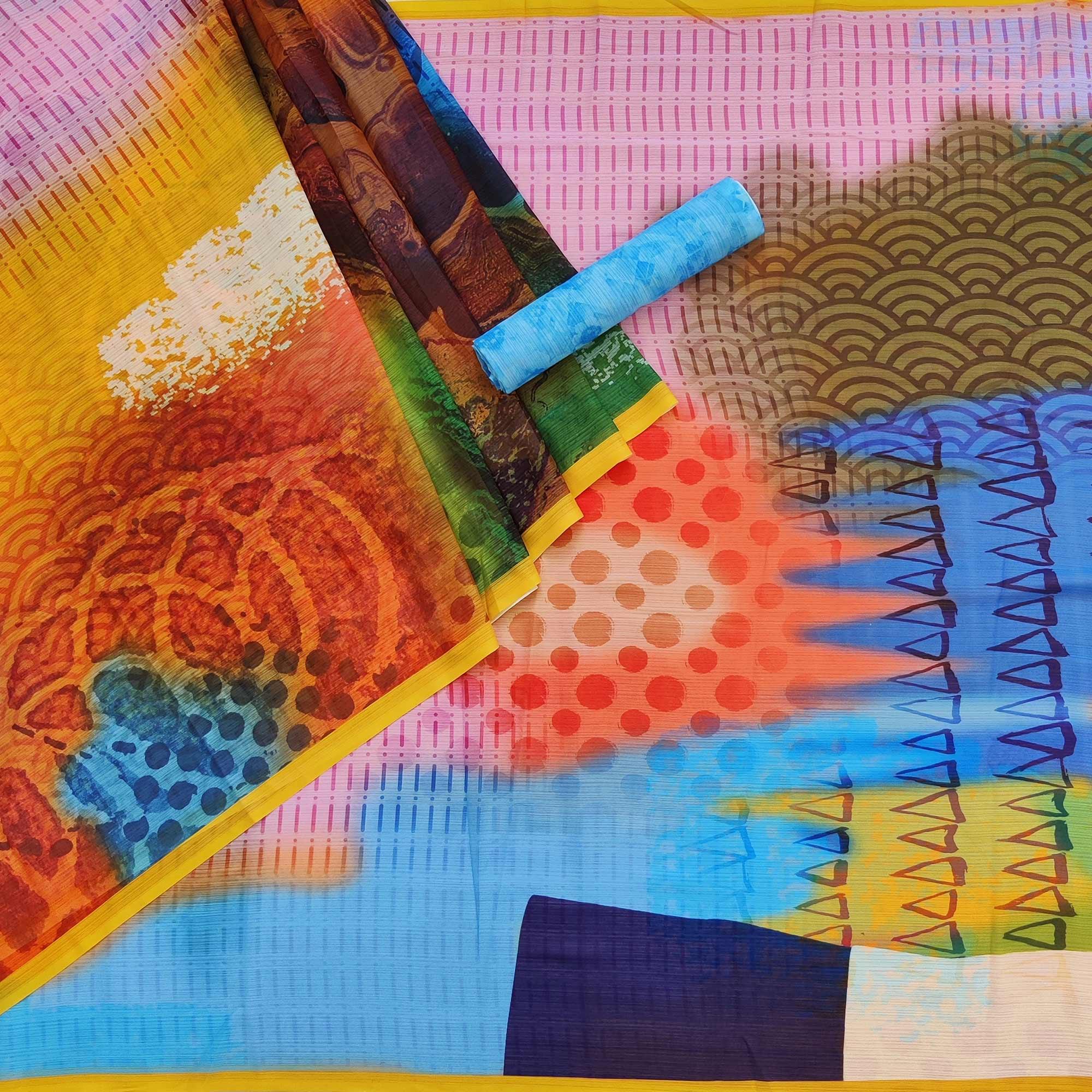 Multicolored Geometric Digital Printed Georgette Saree - Peachmode