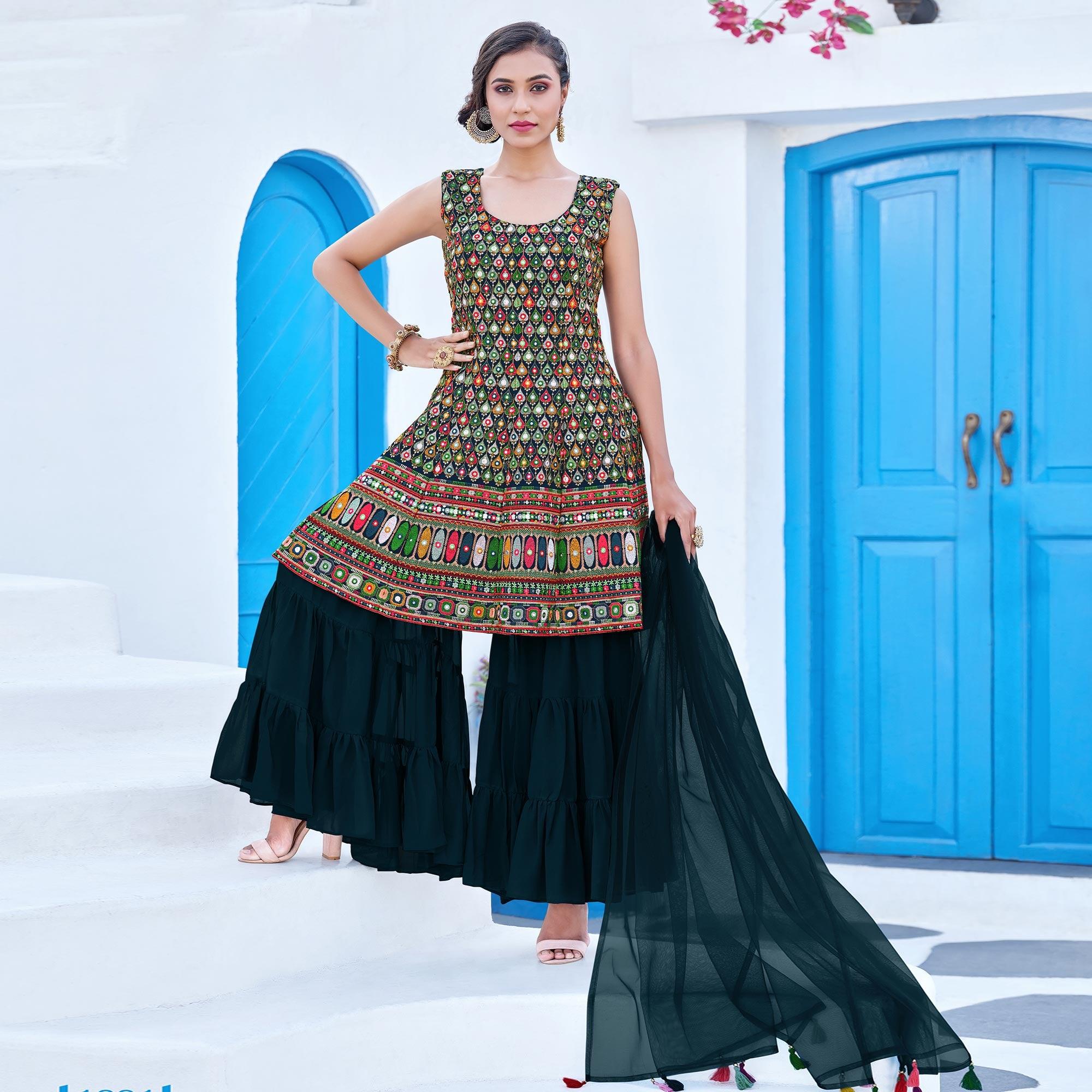 Multicolored Partywear Designer Embroidery Georgette Sharara Suit - Peachmode