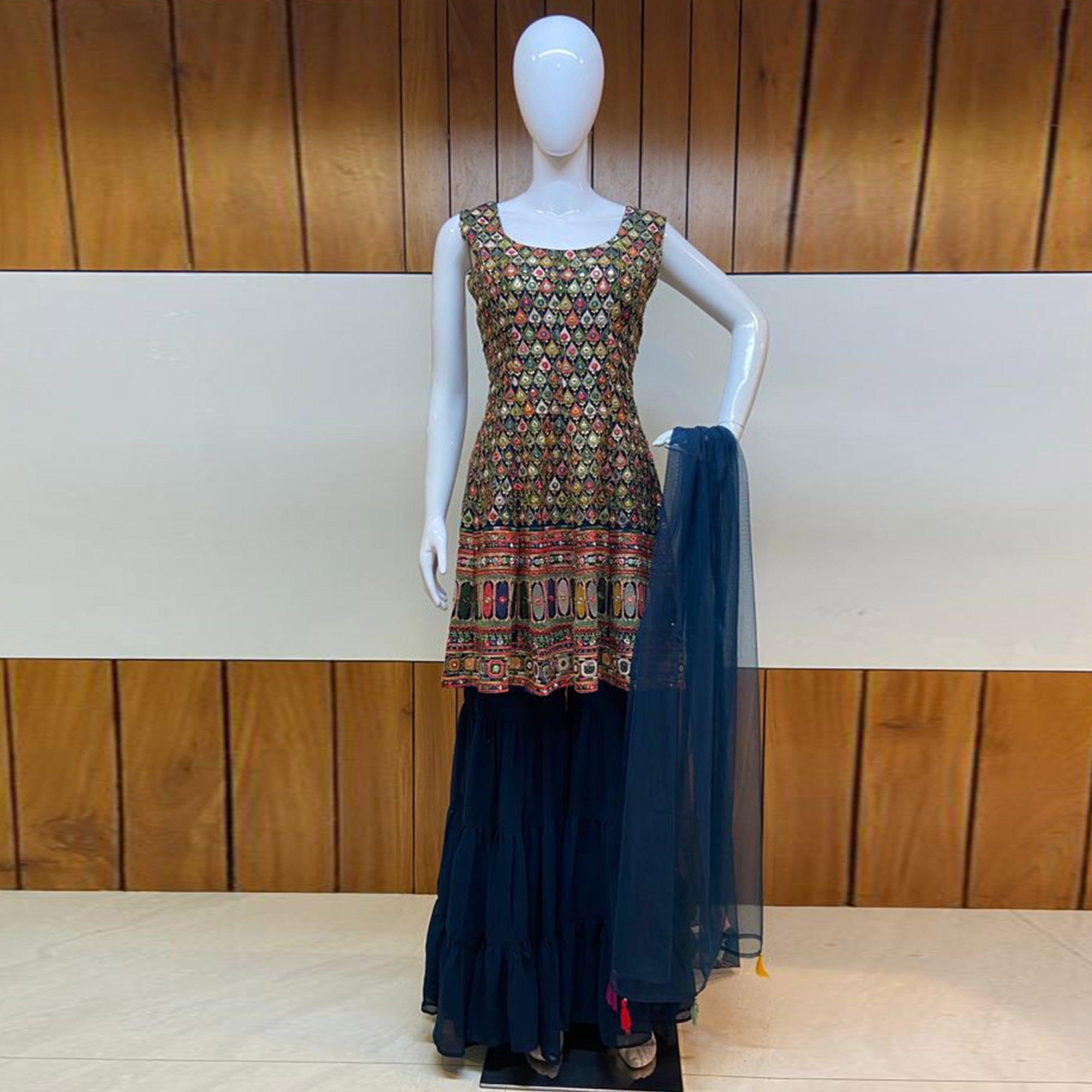 Multicolored Partywear Designer Embroidery Georgette Sharara Suit - Peachmode