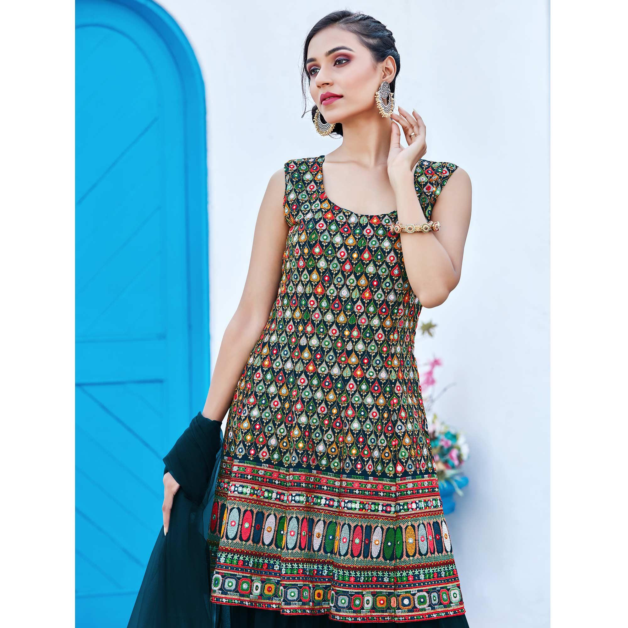 Multicolored Partywear Designer Embroidery Georgette Sharara Suit - Peachmode