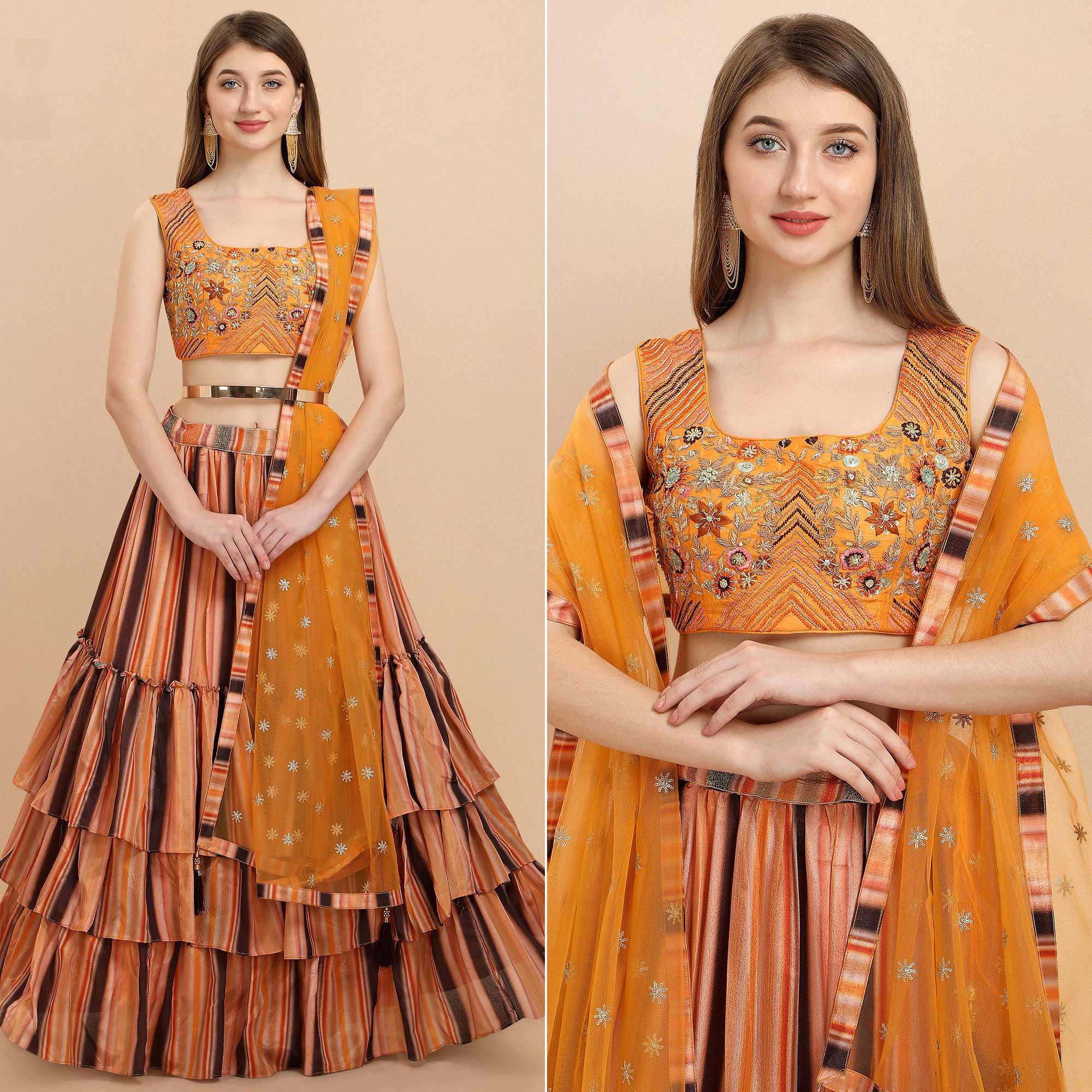 Multicolored Partywear Digital Printed Chiffon Lehenga Choli - Peachmode