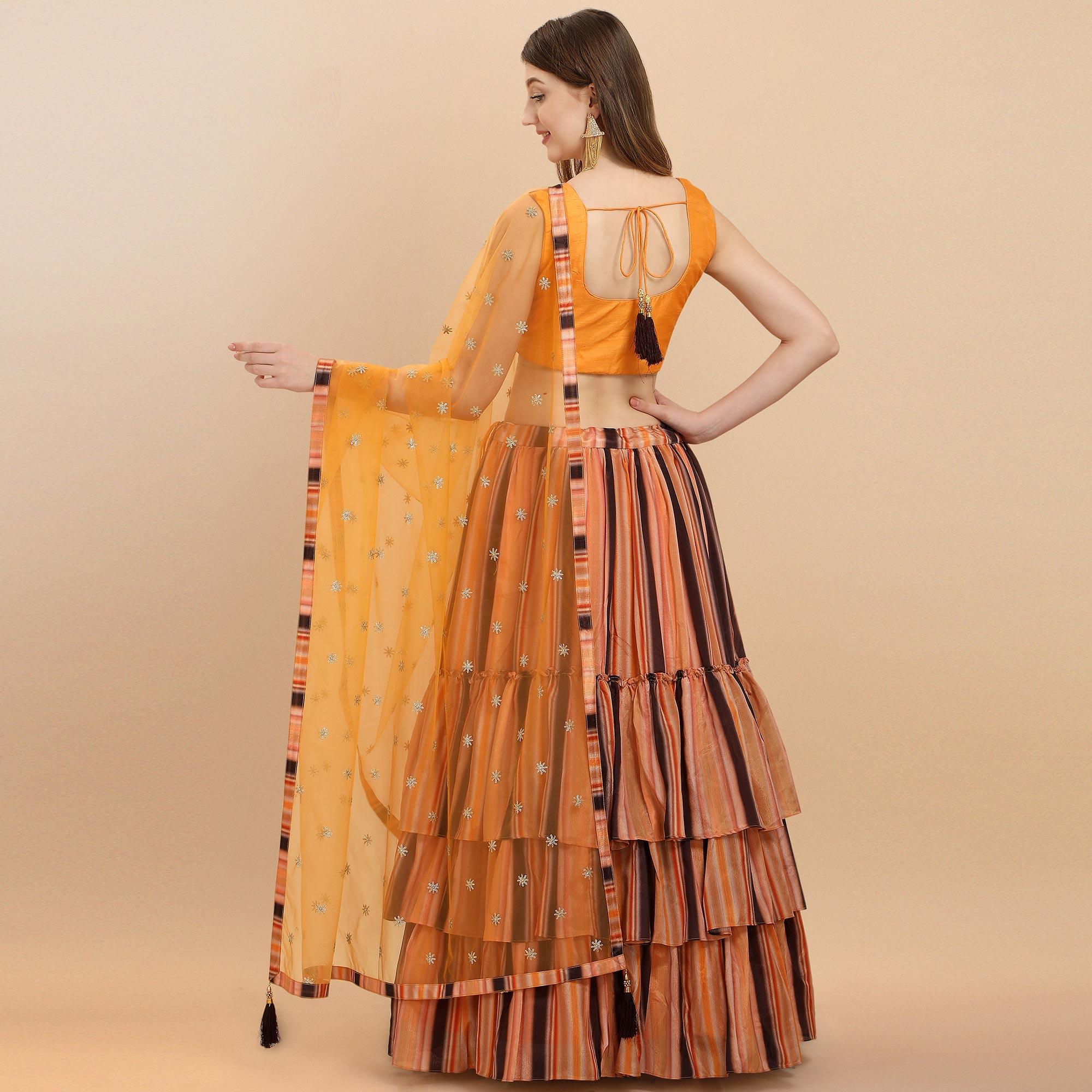 Multicolored Partywear Digital Printed Chiffon Lehenga Choli - Peachmode