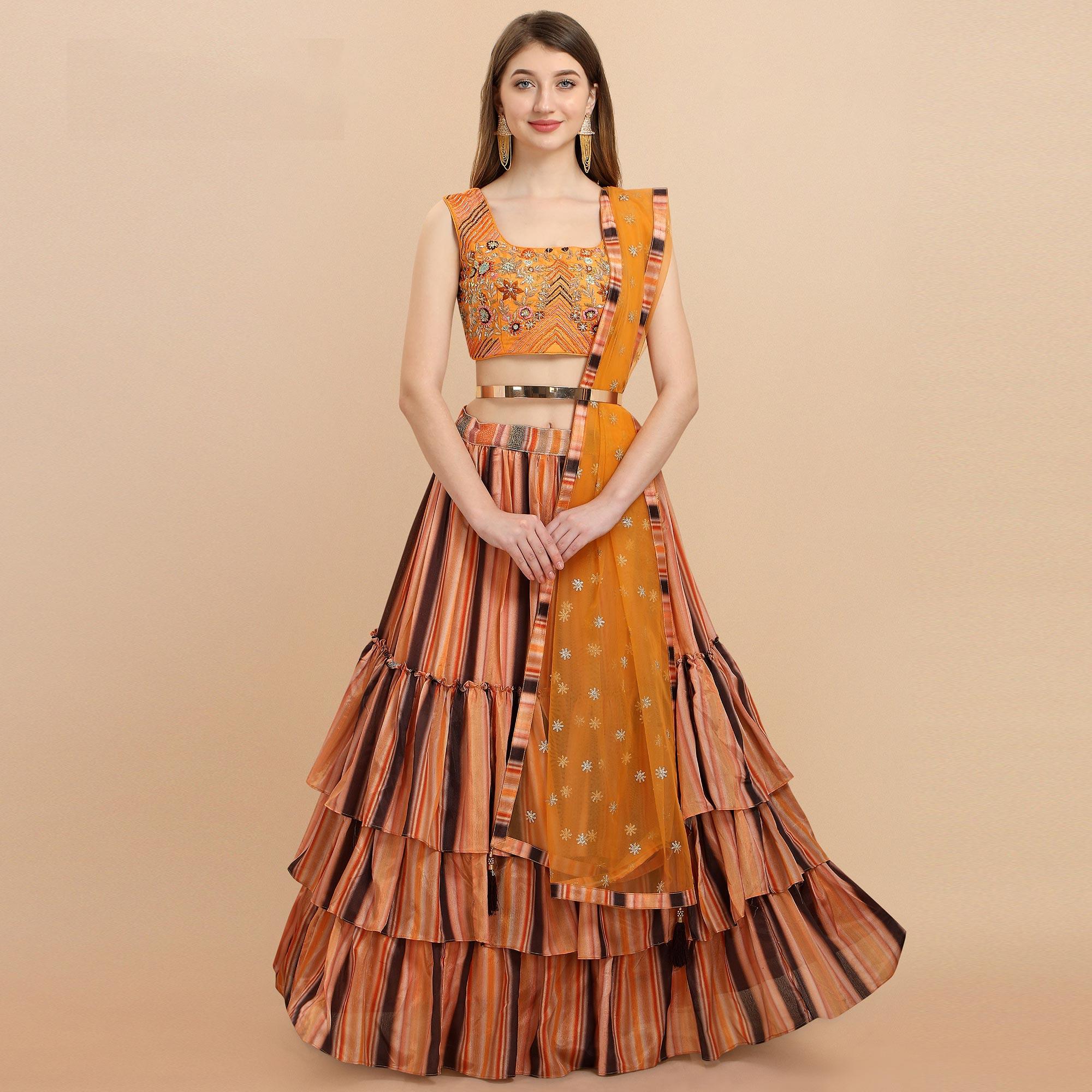 Multicolored Partywear Digital Printed Chiffon Lehenga Choli - Peachmode