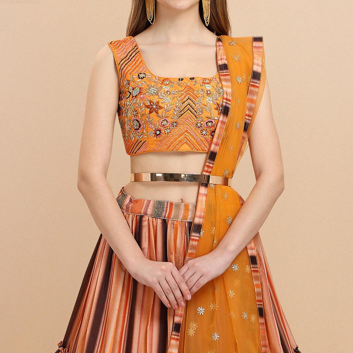 Multicolored Partywear Digital Printed Chiffon Lehenga Choli - Peachmode