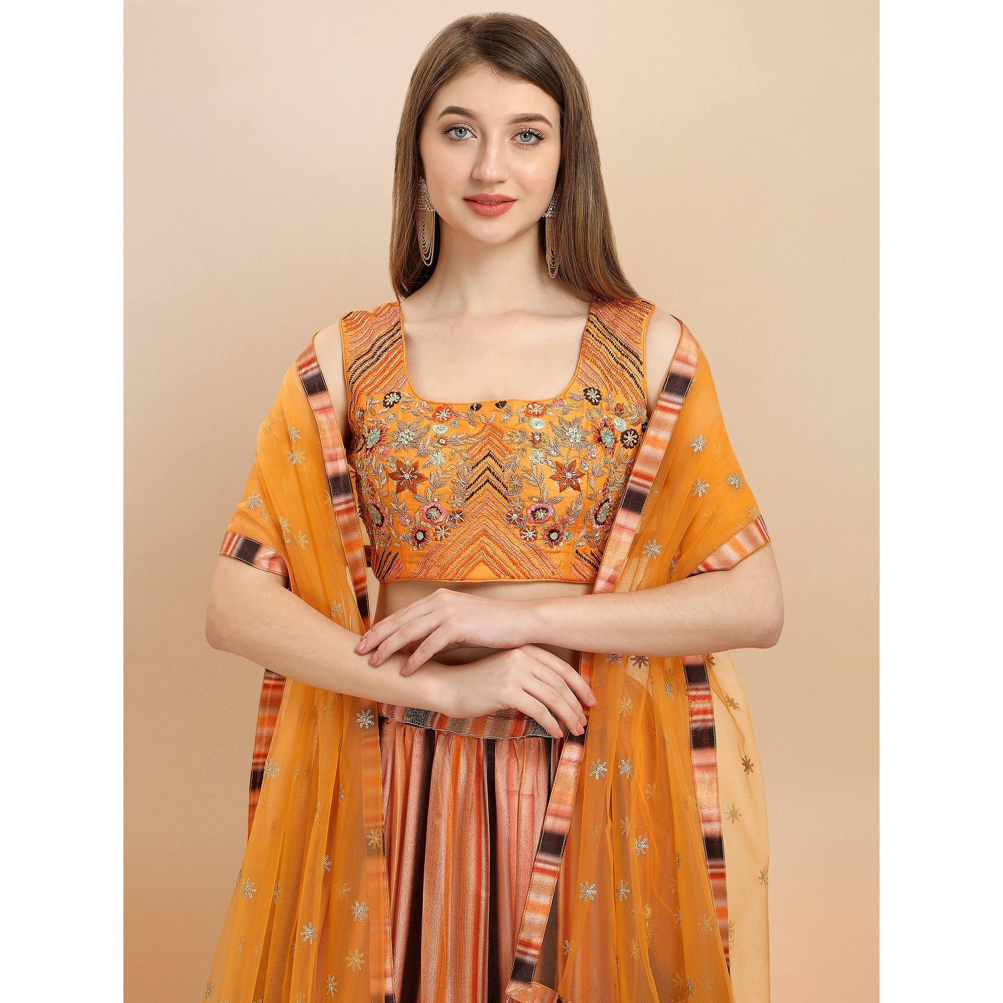 Multicolored Partywear Digital Printed Chiffon Lehenga Choli - Peachmode