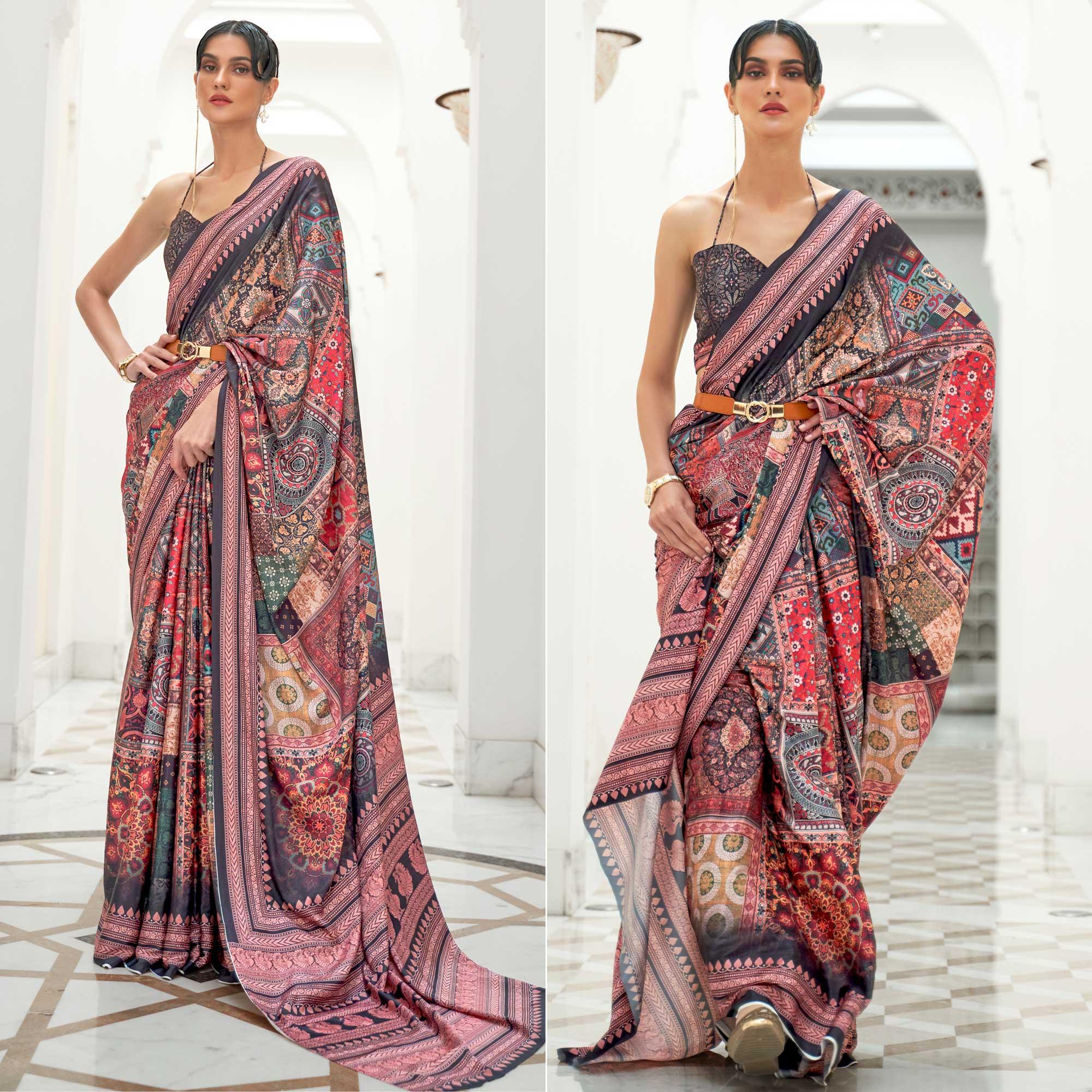 Multicolored Partywear Digital Printed Silk Saree - Peachmode