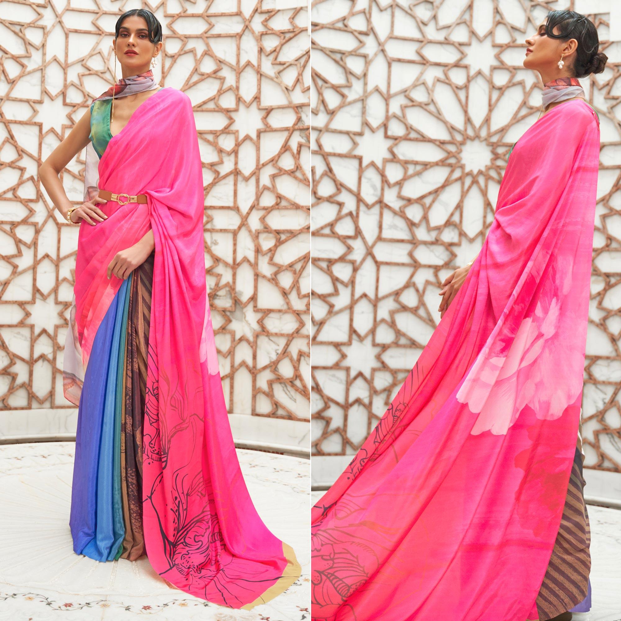 Multicolored Partywear Digital Printed Silk Saree - Peachmode