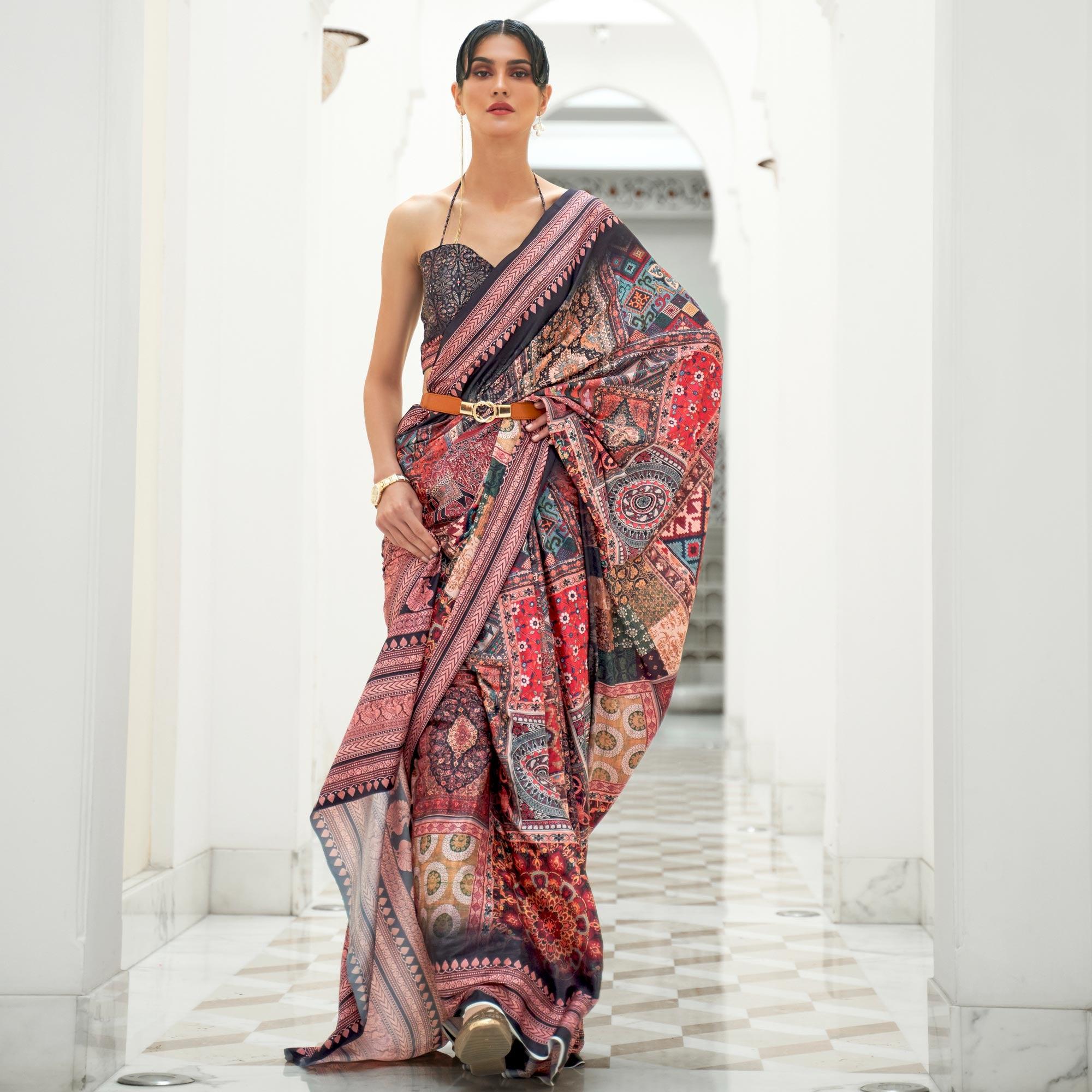 Multicolored Partywear Digital Printed Silk Saree - Peachmode