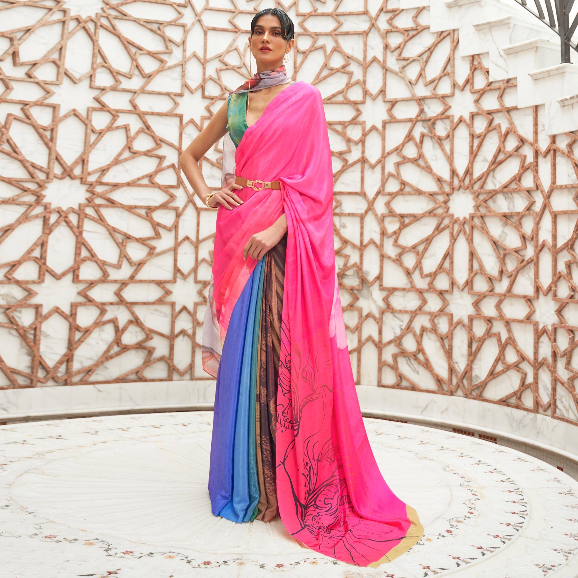 Multicolored Partywear Digital Printed Silk Saree - Peachmode