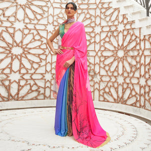 Multicolored Partywear Digital Printed Silk Saree - Peachmode