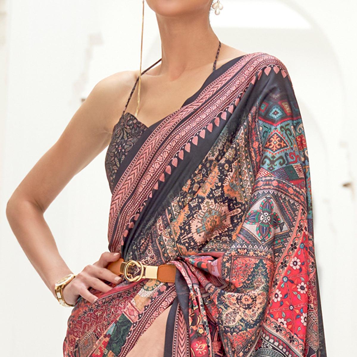 Multicolored Partywear Digital Printed Silk Saree - Peachmode