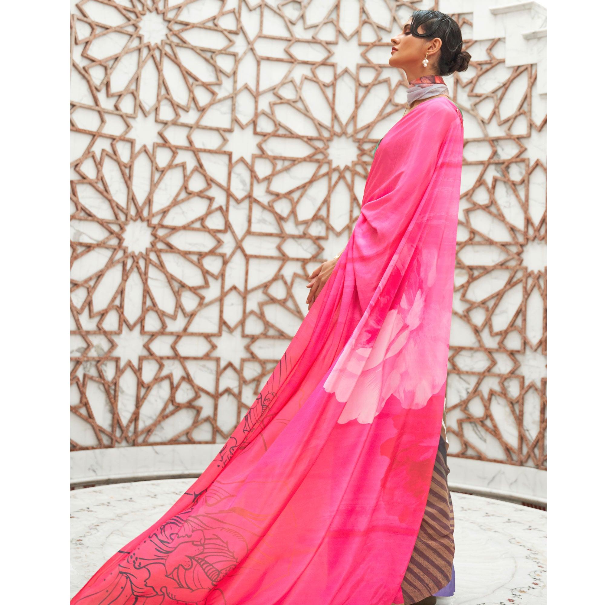 Multicolored Partywear Digital Printed Silk Saree - Peachmode