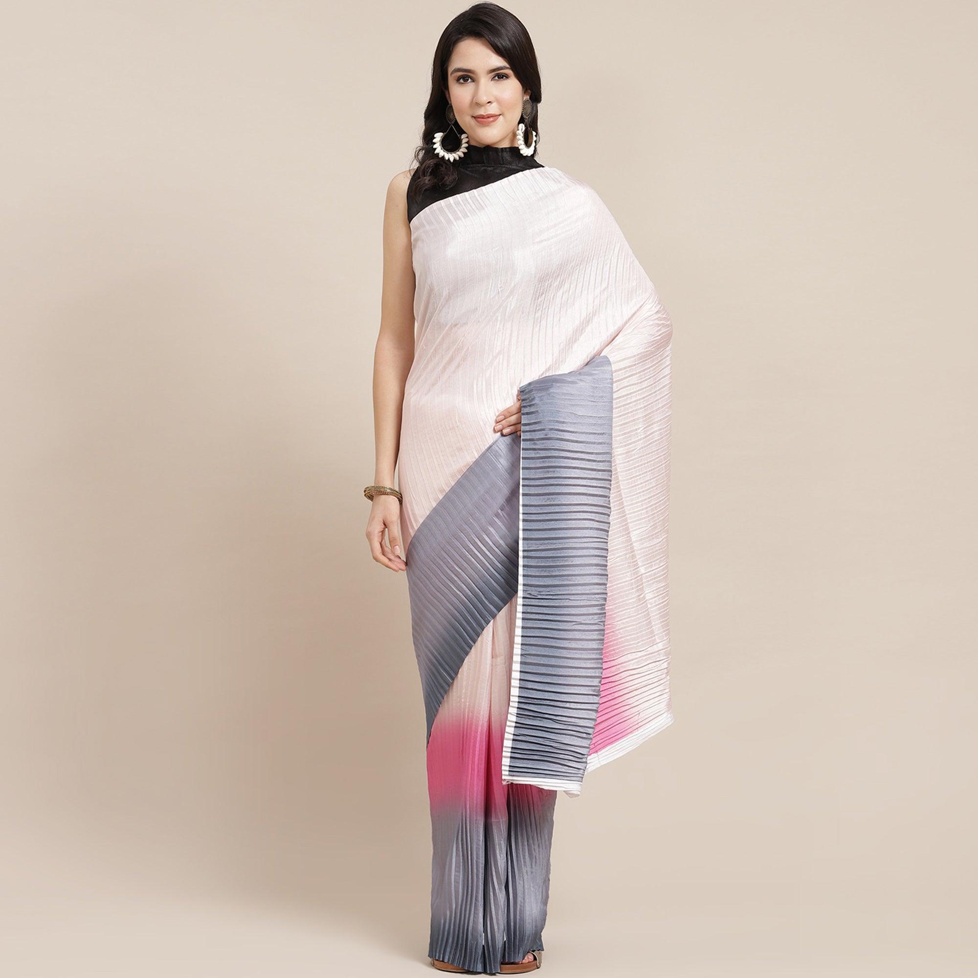 Multicolored Partywear Pleated Dola Silk Saree - Peachmode