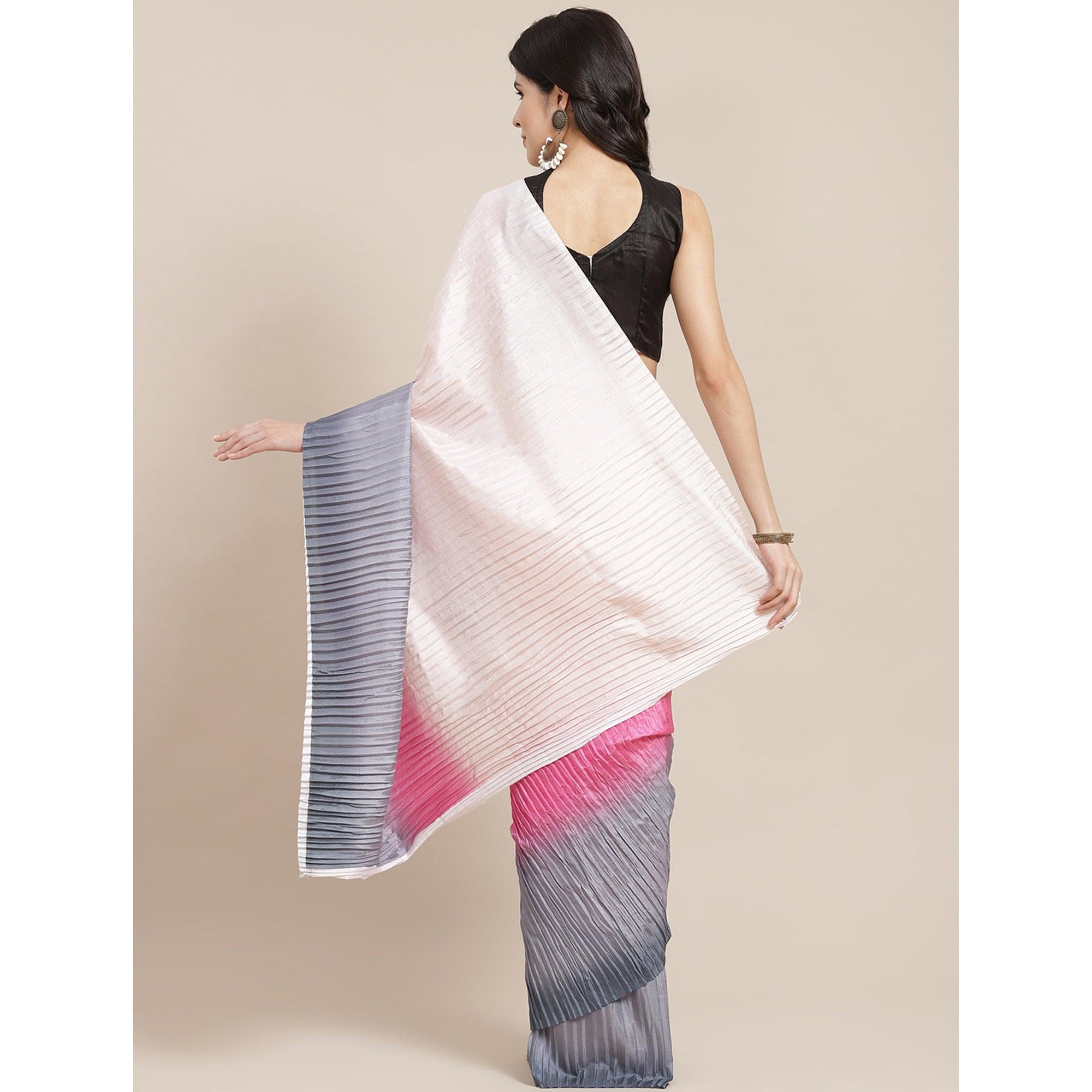 Multicolored Partywear Pleated Dola Silk Saree - Peachmode