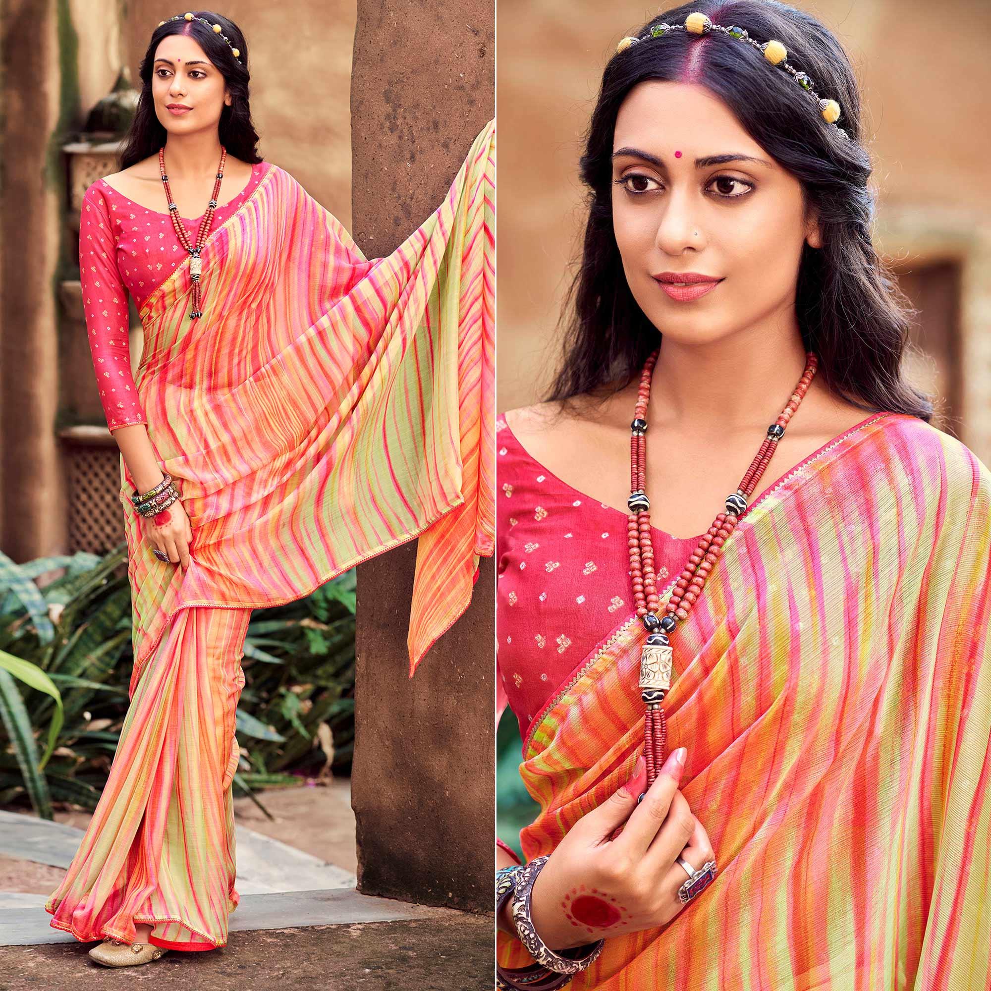 Multicolored Printed With Gota Patti Border Chiffon Saree - Peachmode