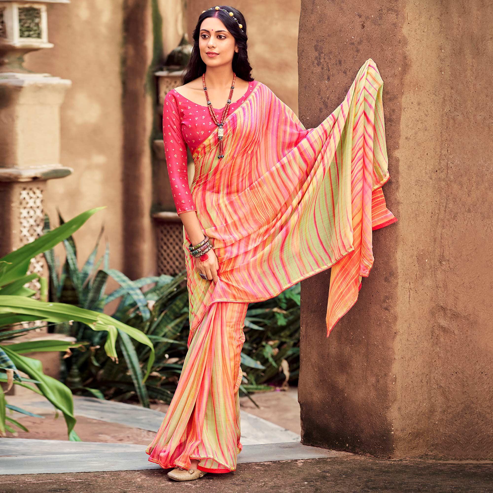 Multicolored Printed With Gota Patti Border Chiffon Saree - Peachmode