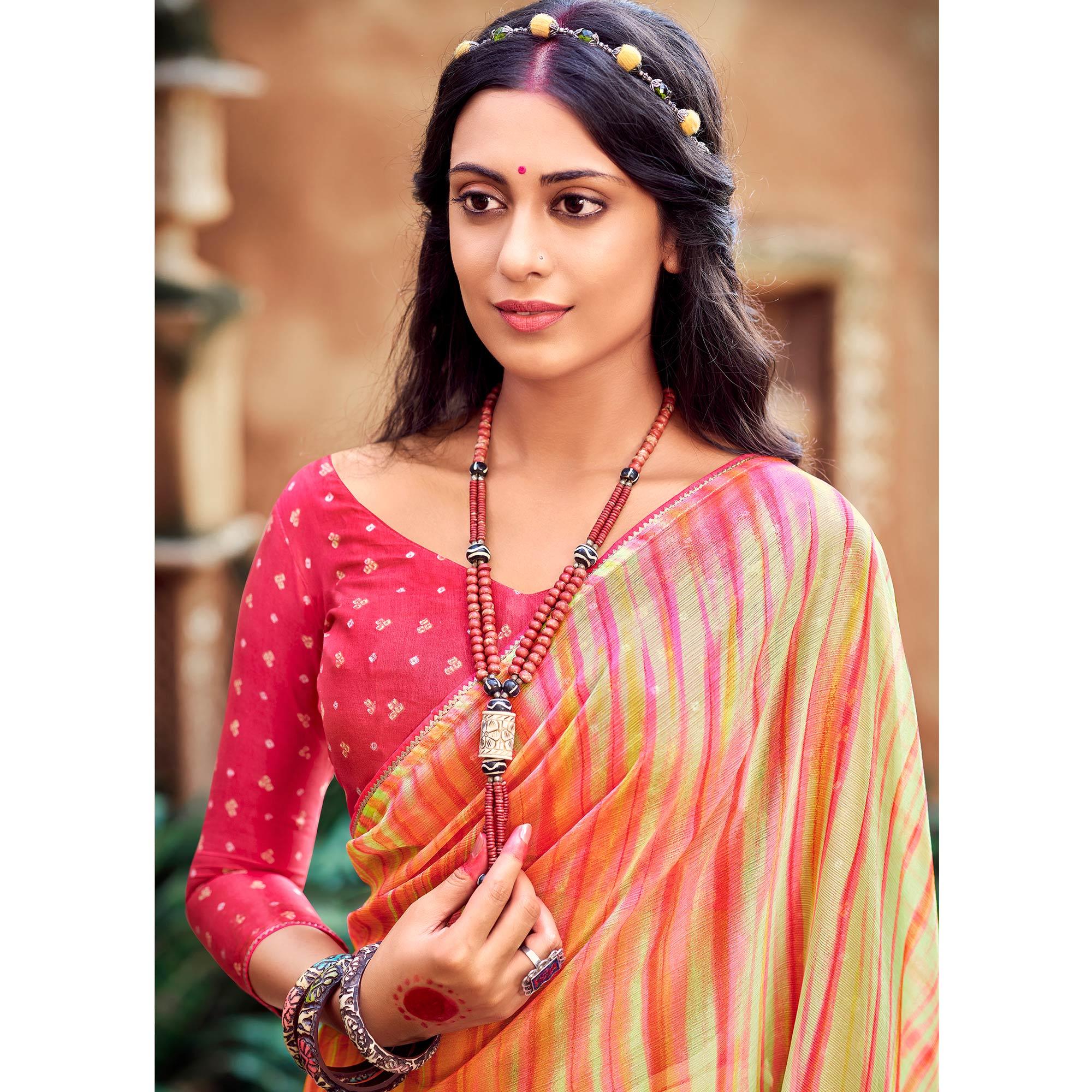 Multicolored Printed With Gota Patti Border Chiffon Saree - Peachmode