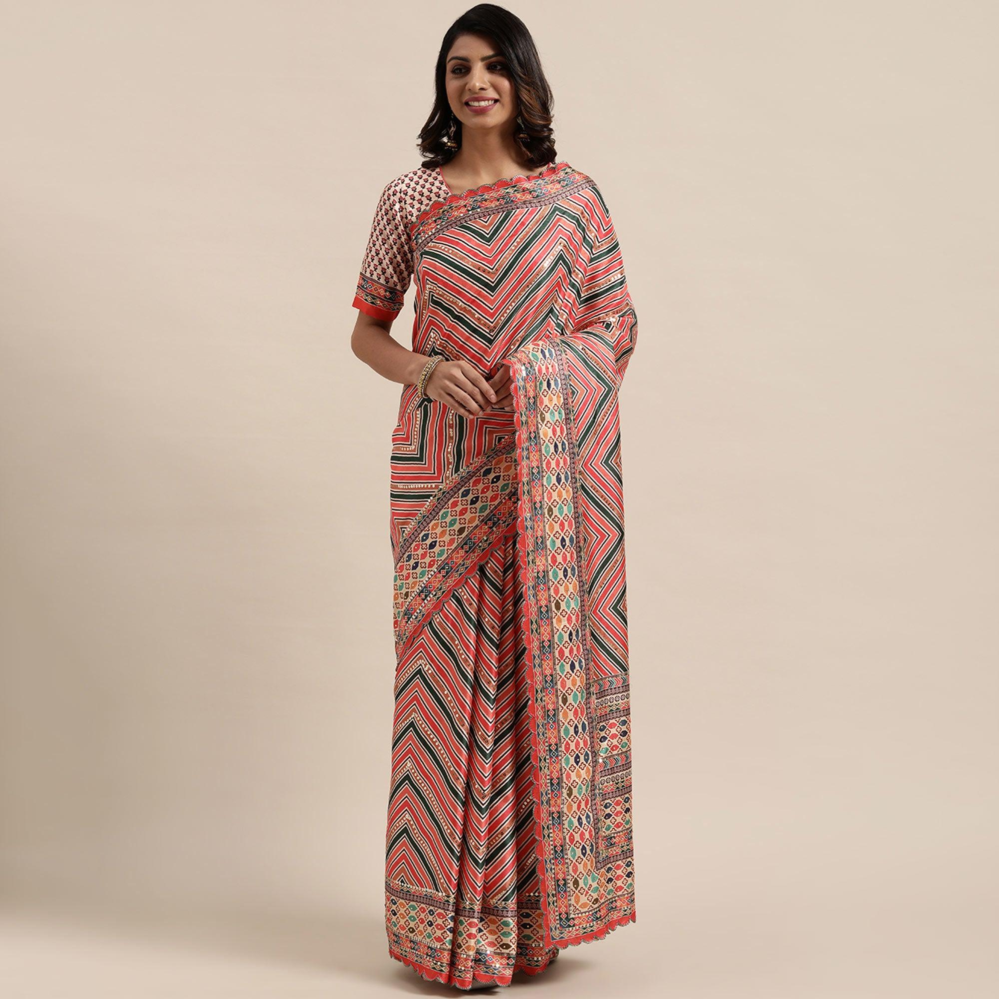 Multicolored Striped Printed  Mysore Silk Saree - Peachmode