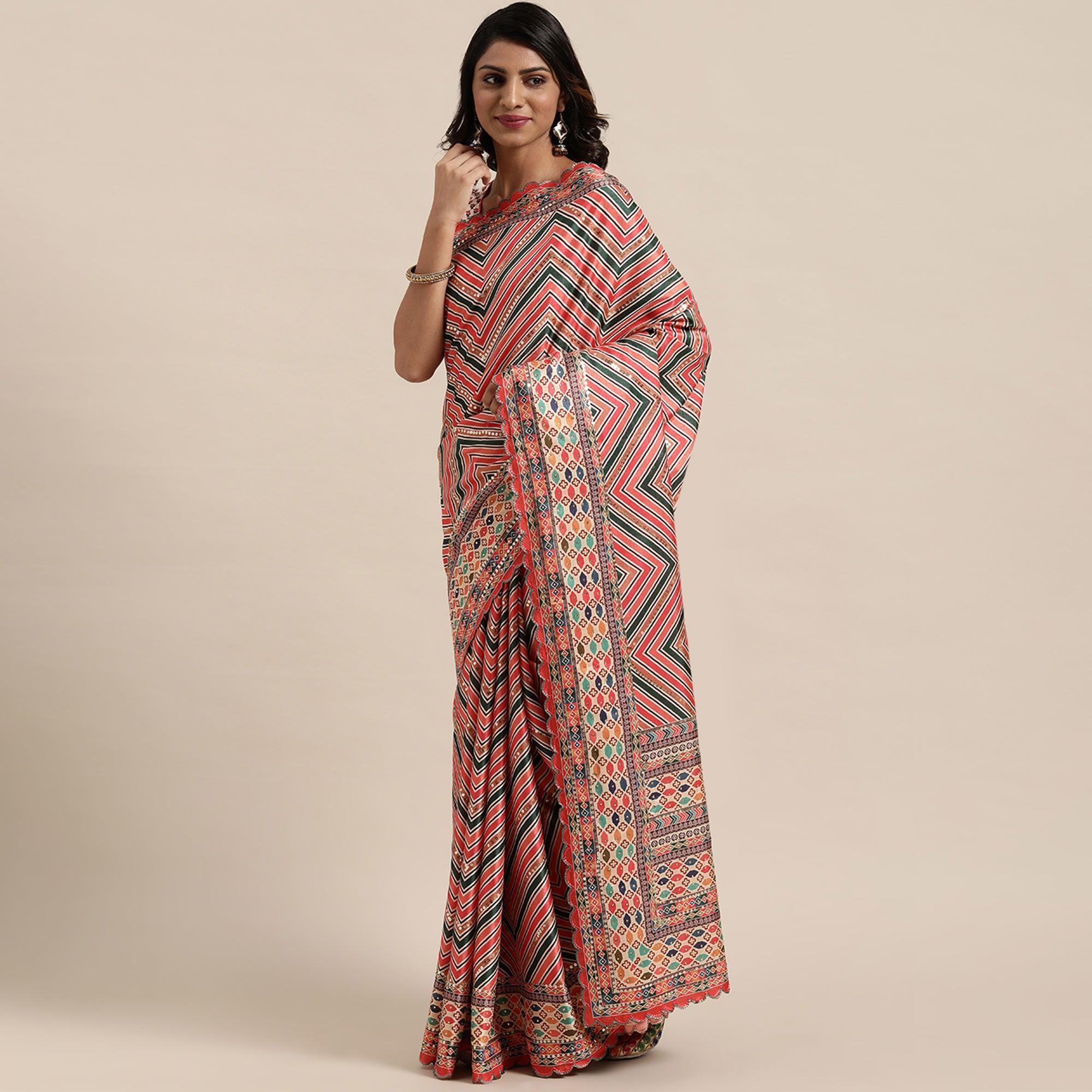 Multicolored Striped Printed  Mysore Silk Saree - Peachmode