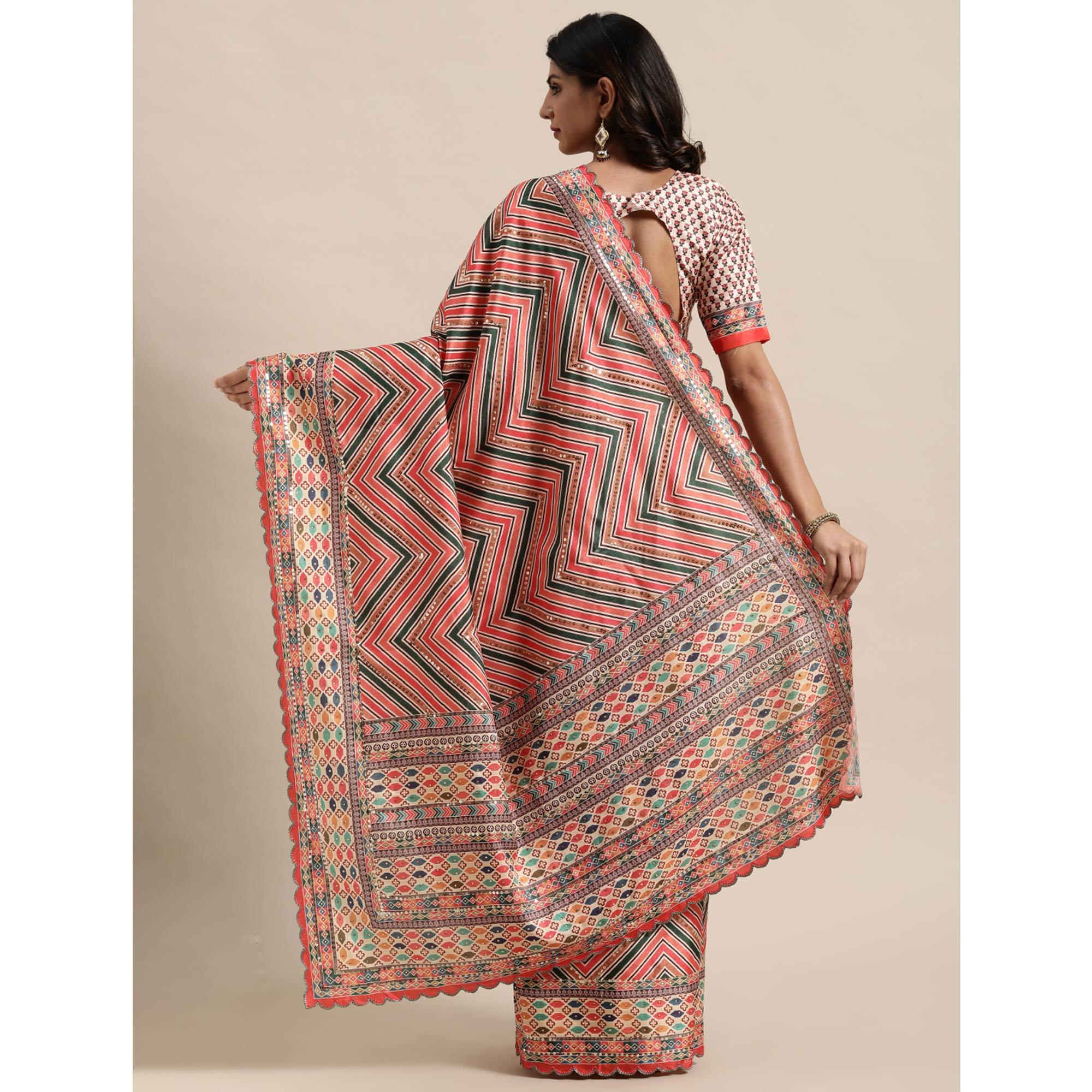 Multicolored Striped Printed  Mysore Silk Saree - Peachmode