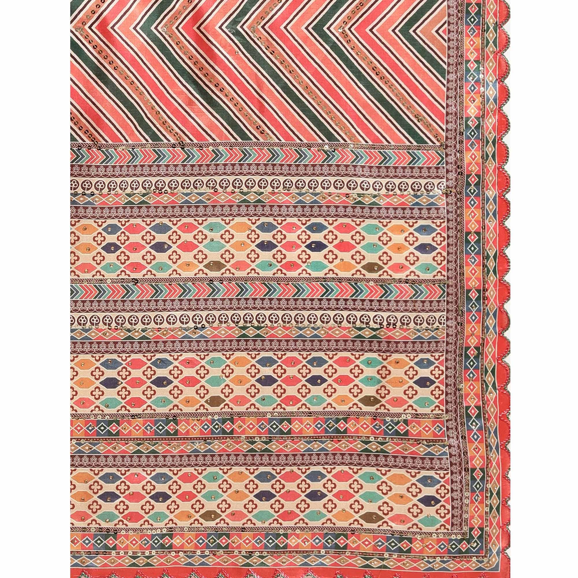 Multicolored Striped Printed  Mysore Silk Saree - Peachmode