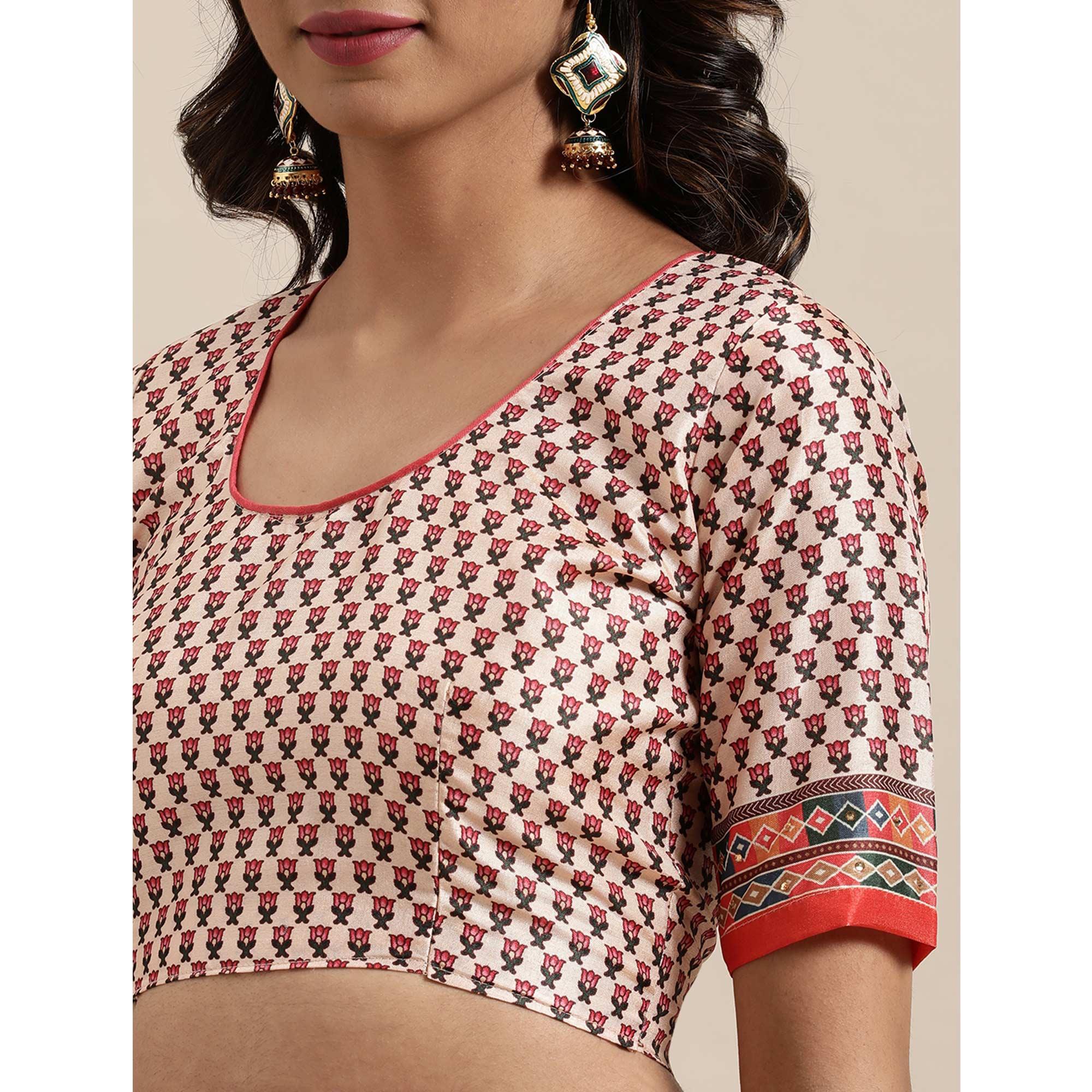 Multicolored Striped Printed  Mysore Silk Saree - Peachmode