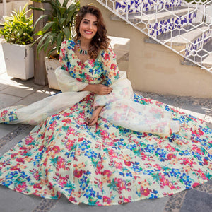 Multicolored Wedding Wear Designer Floral Prined Chanderi Designer Lehenga Choli - Peachmode