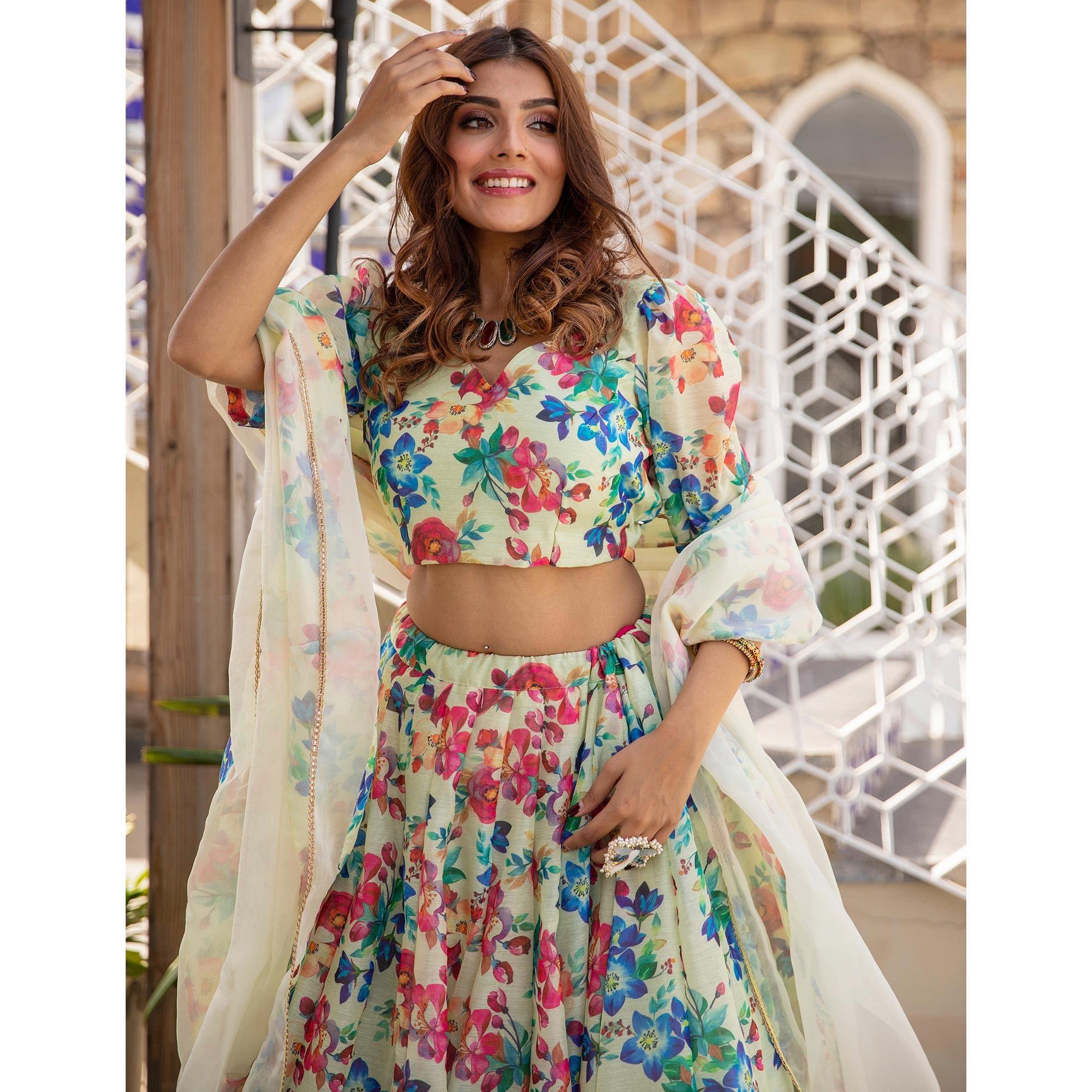 Multicolored Wedding Wear Designer Floral Prined Chanderi Designer Lehenga Choli - Peachmode