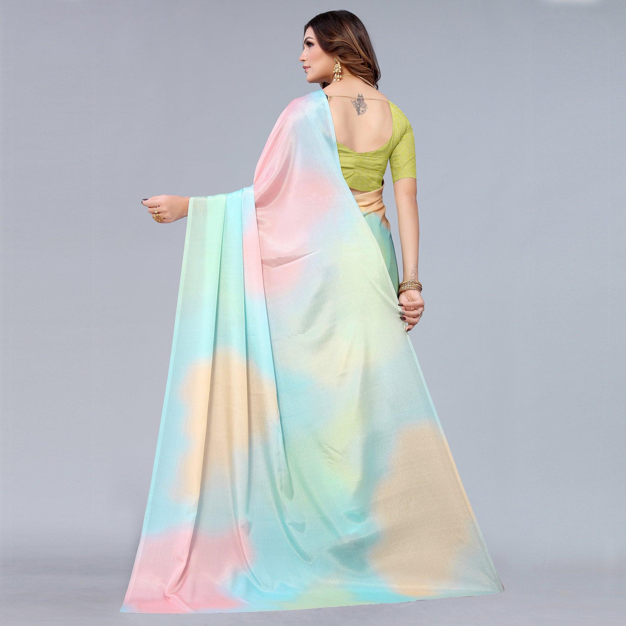 Multicolour Abtsract Printed Chiffon Saree - Peachmode