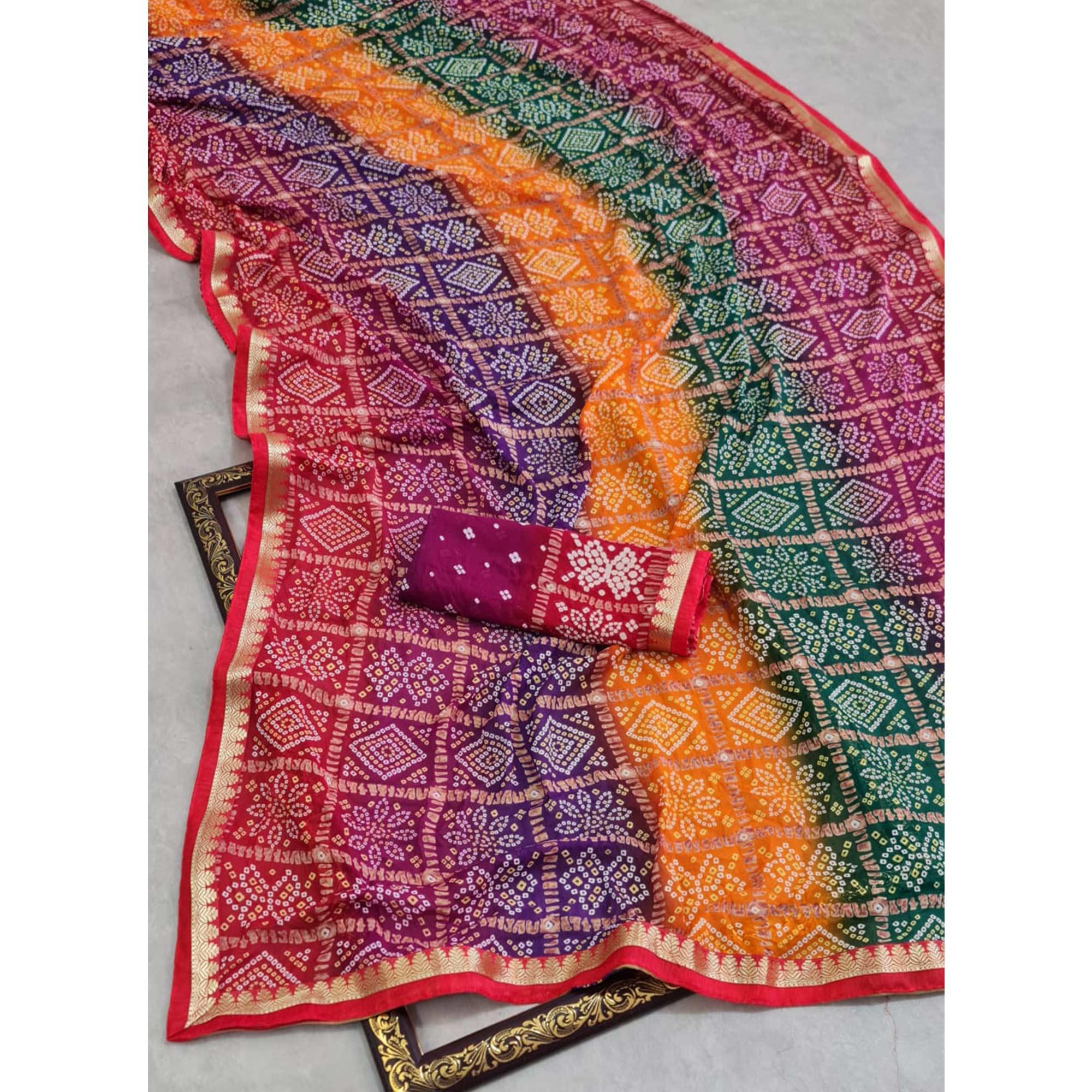 Multicolour Bandhani Printed Georgette Saree - Peachmode