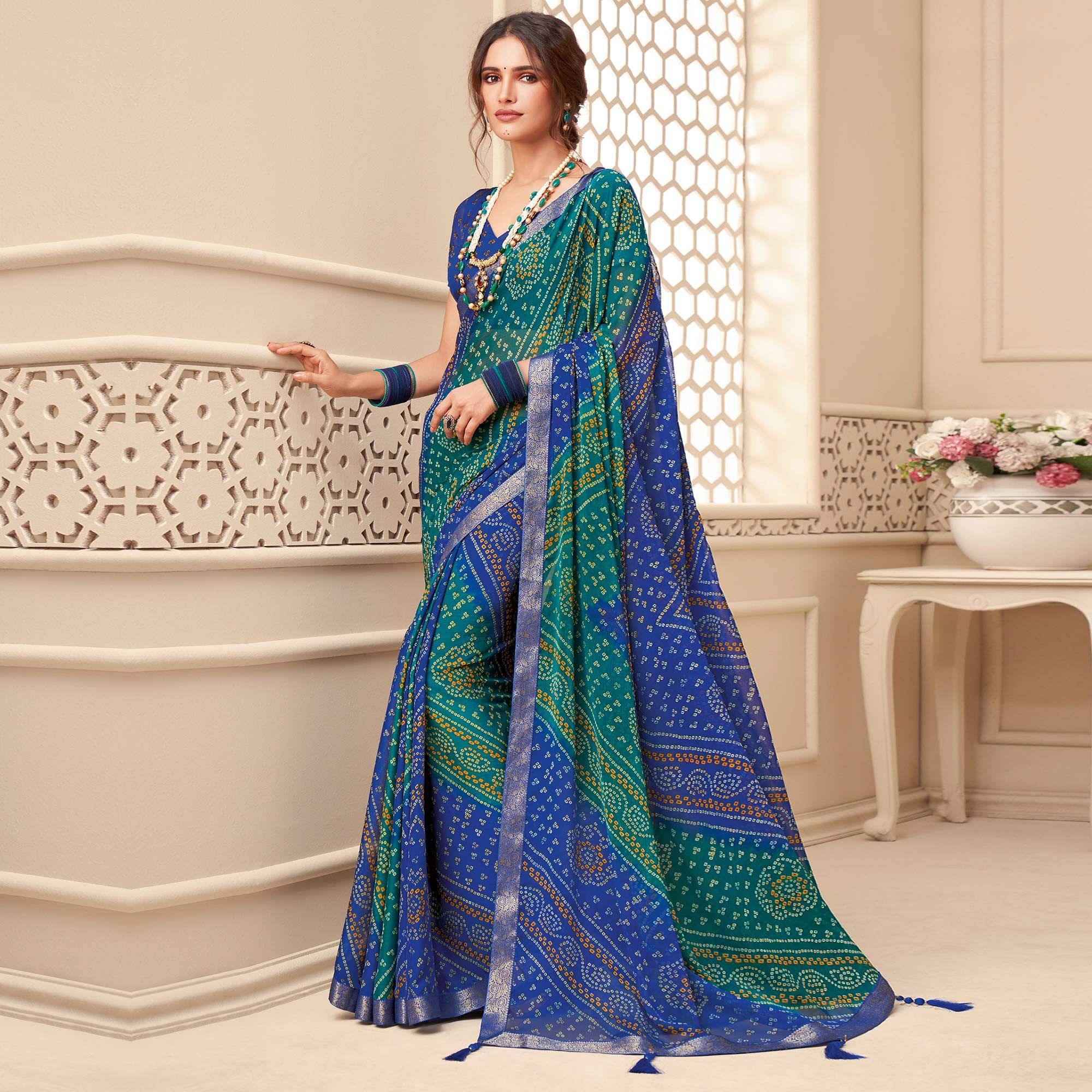 Multicolour Casual Wear Bandhani Printed Chiffon Saree With Tassels - Peachmode