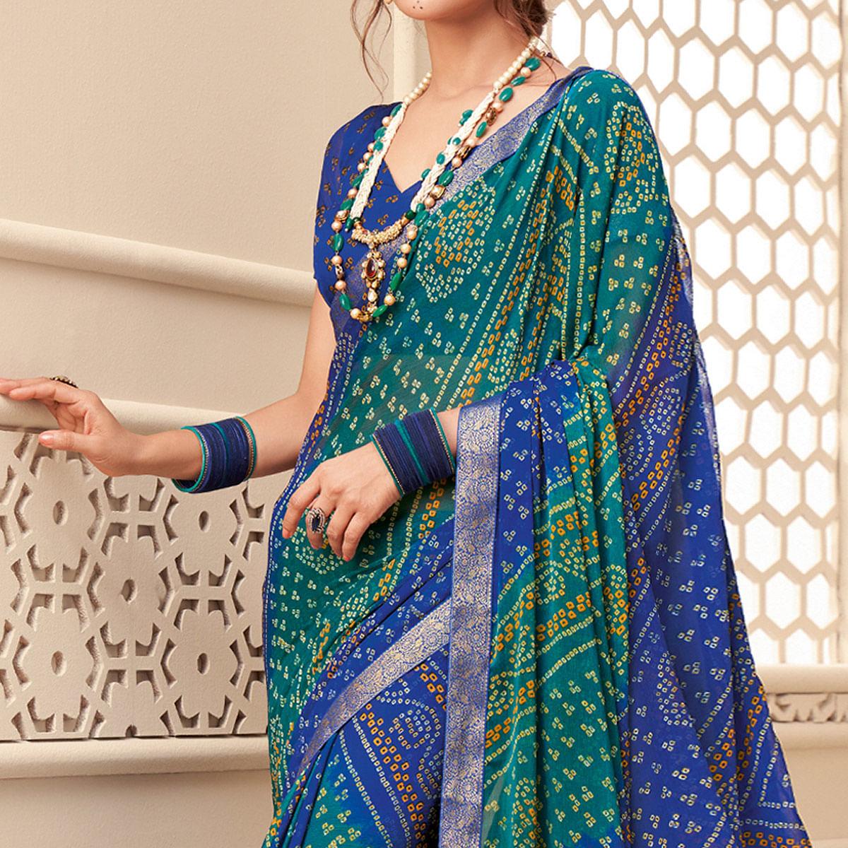 Multicolour Casual Wear Bandhani Printed Chiffon Saree With Tassels - Peachmode
