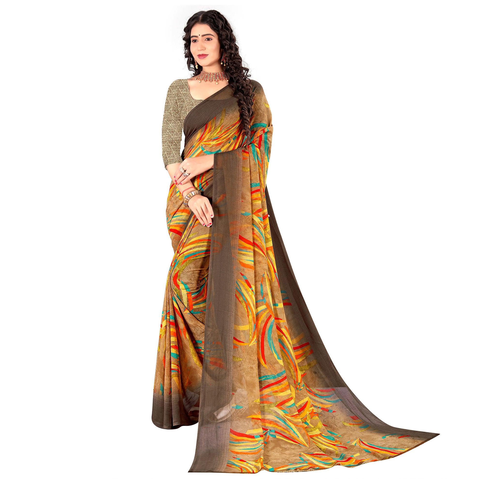 Multicolour Casual Wear Digital Printed Heavy Georgette Saree - Peachmode