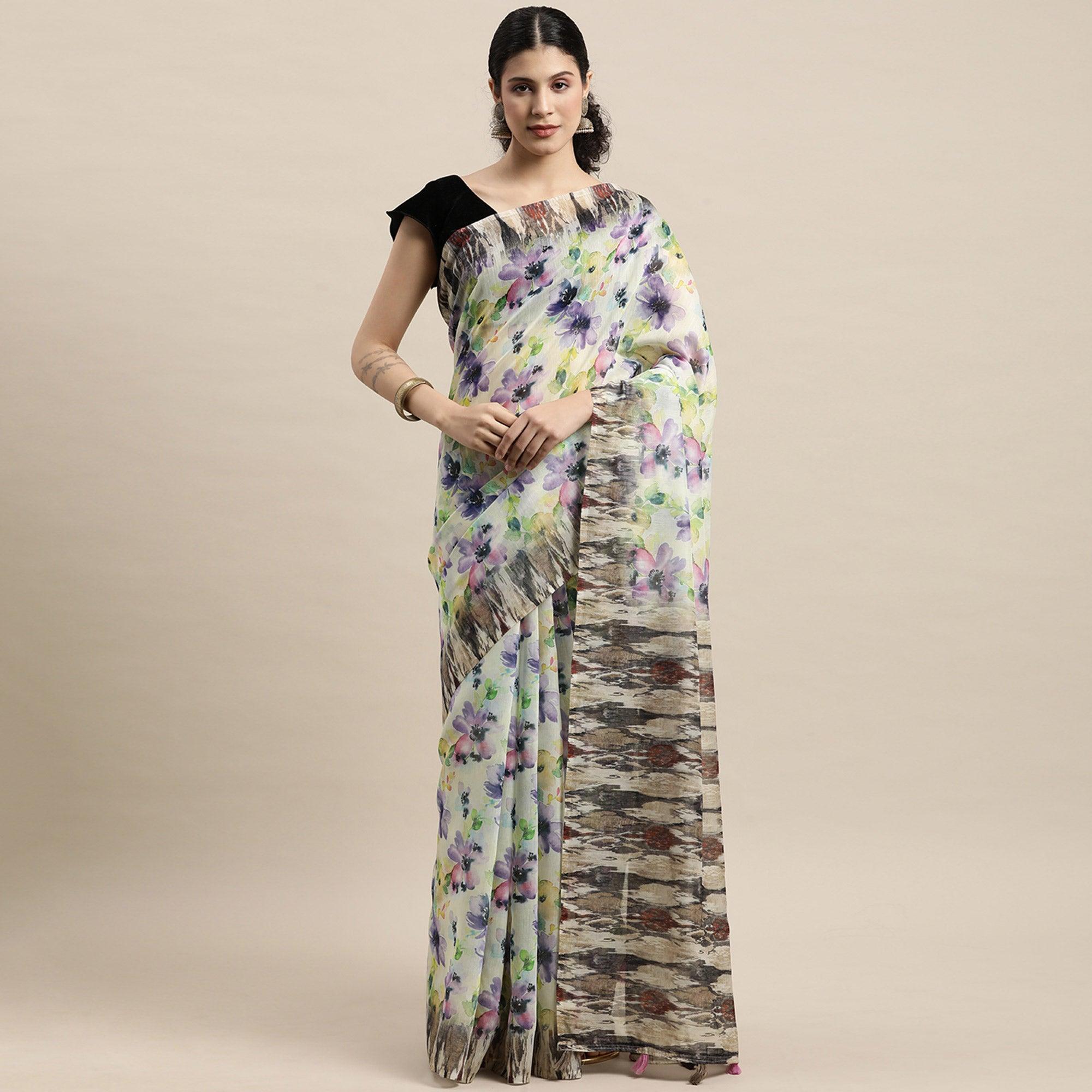 Multicolour Casual Wear Floral Printed Cotton Blend Saree With Tassels - Peachmode