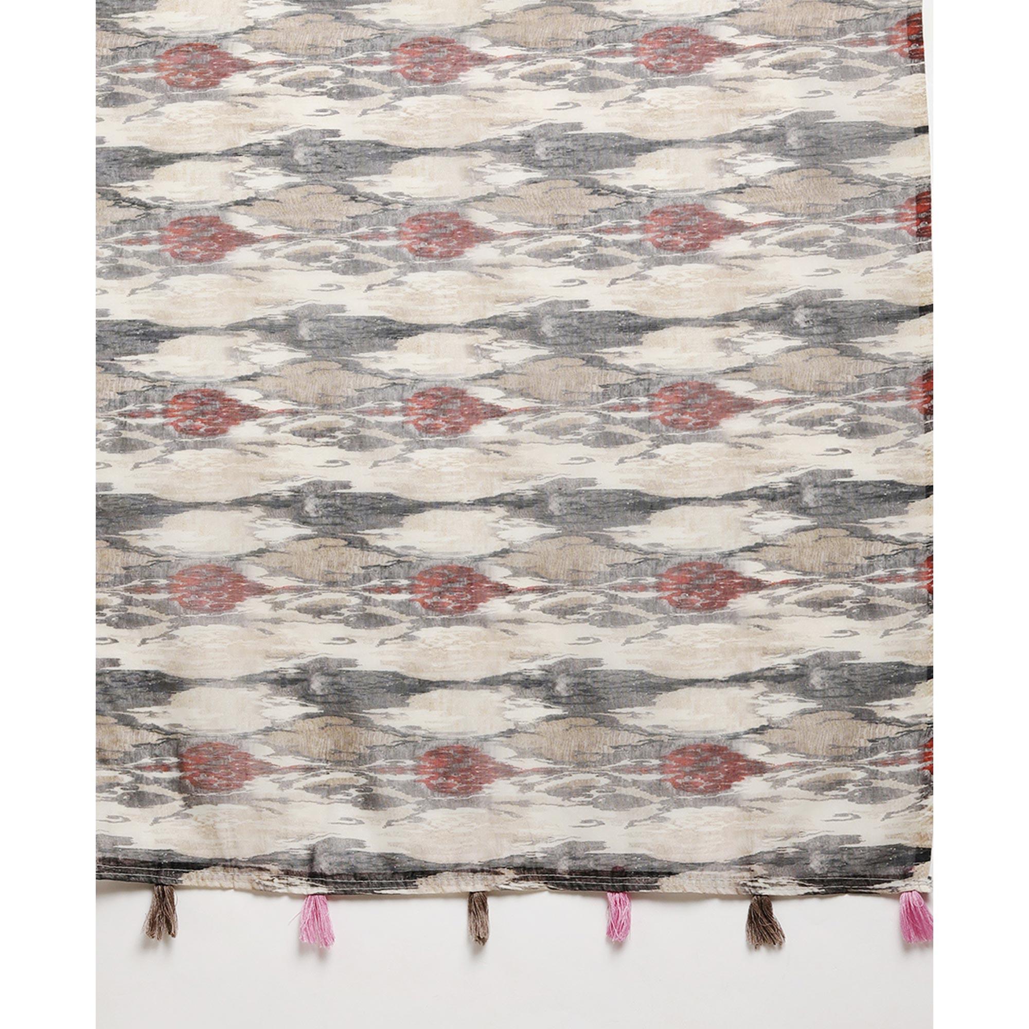 Multicolour Casual Wear Floral Printed Cotton Blend Saree With Tassels - Peachmode