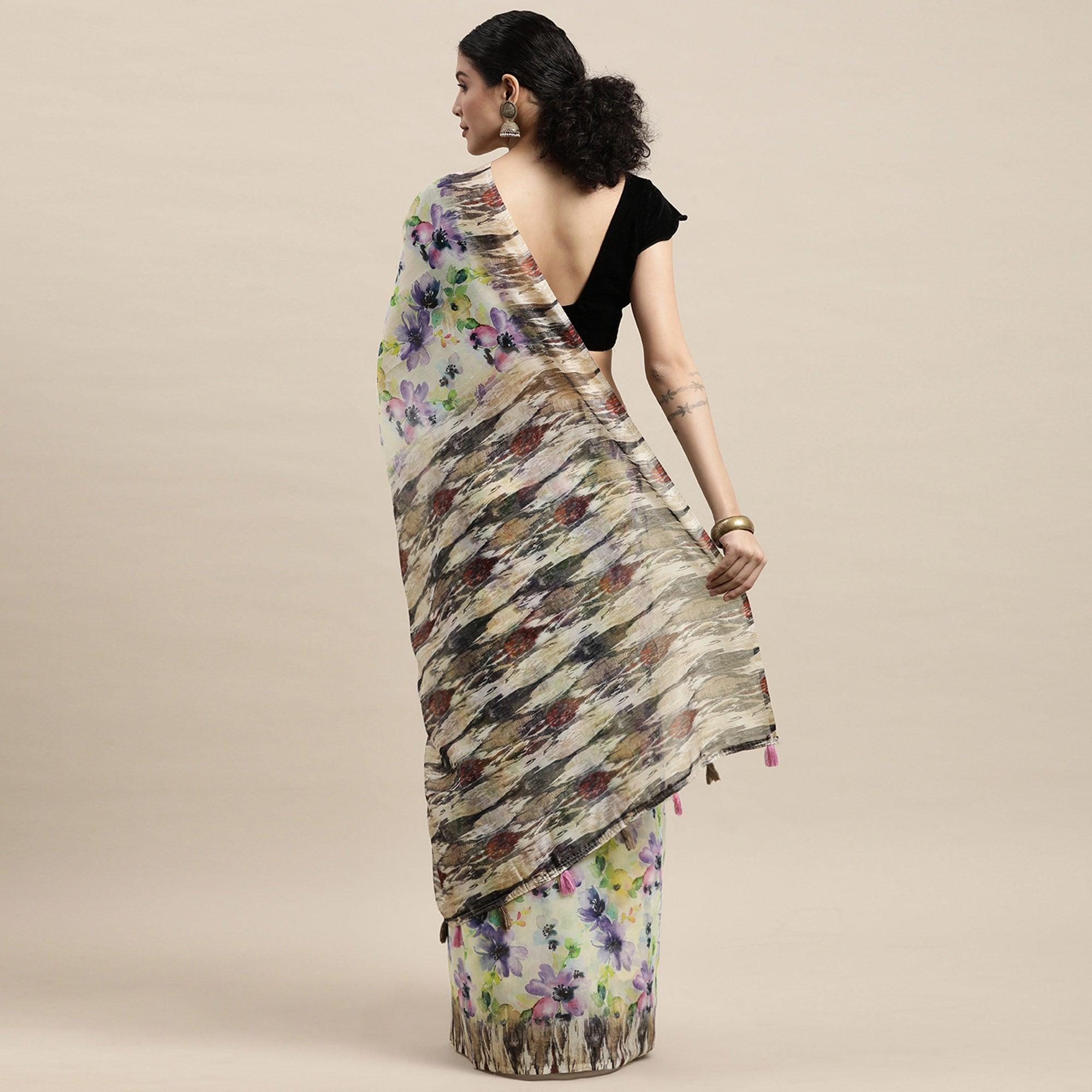 Multicolour Casual Wear Floral Printed Cotton Blend Saree With Tassels - Peachmode