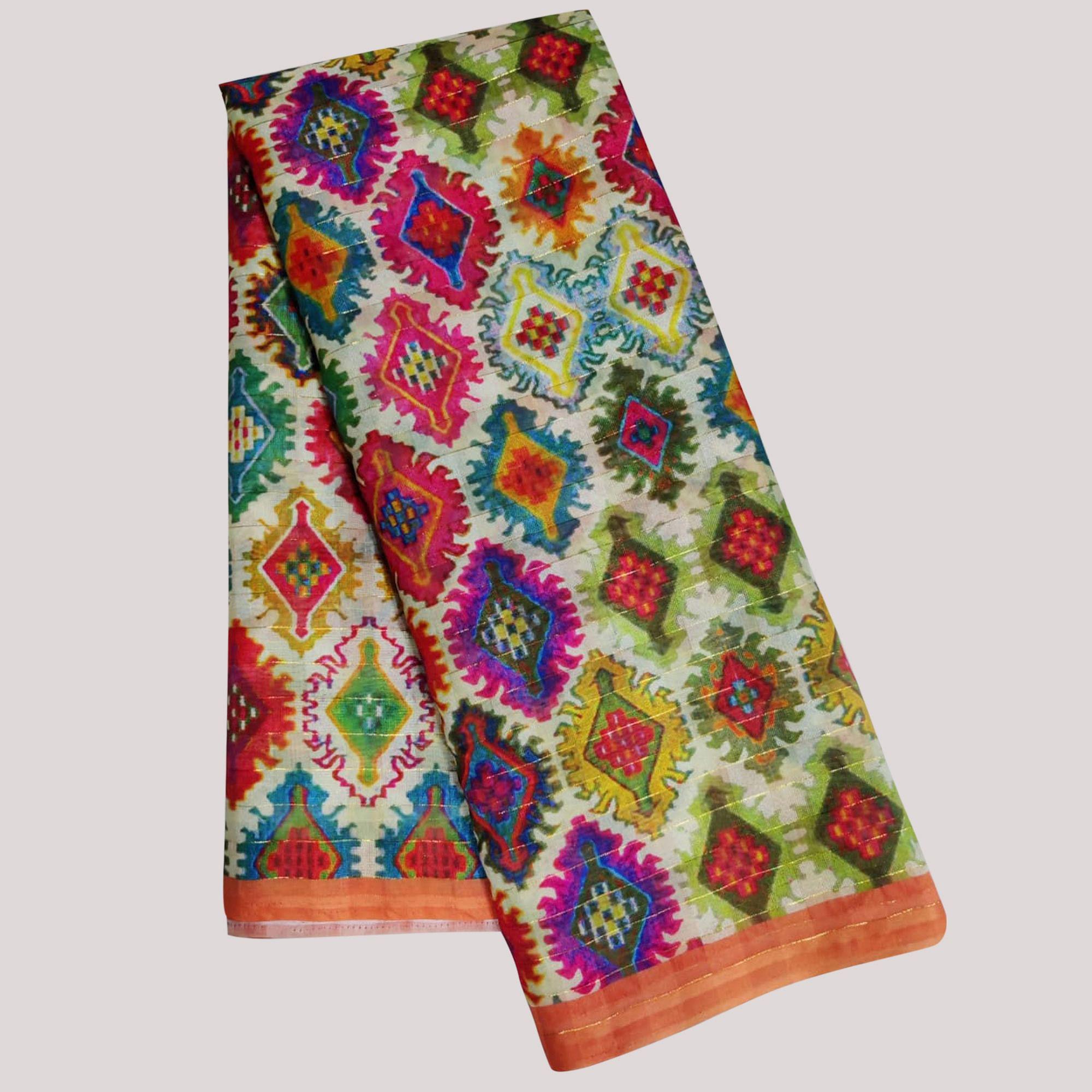 Multicolour Casual Wear Printed Cotton Silk Saree - Peachmode