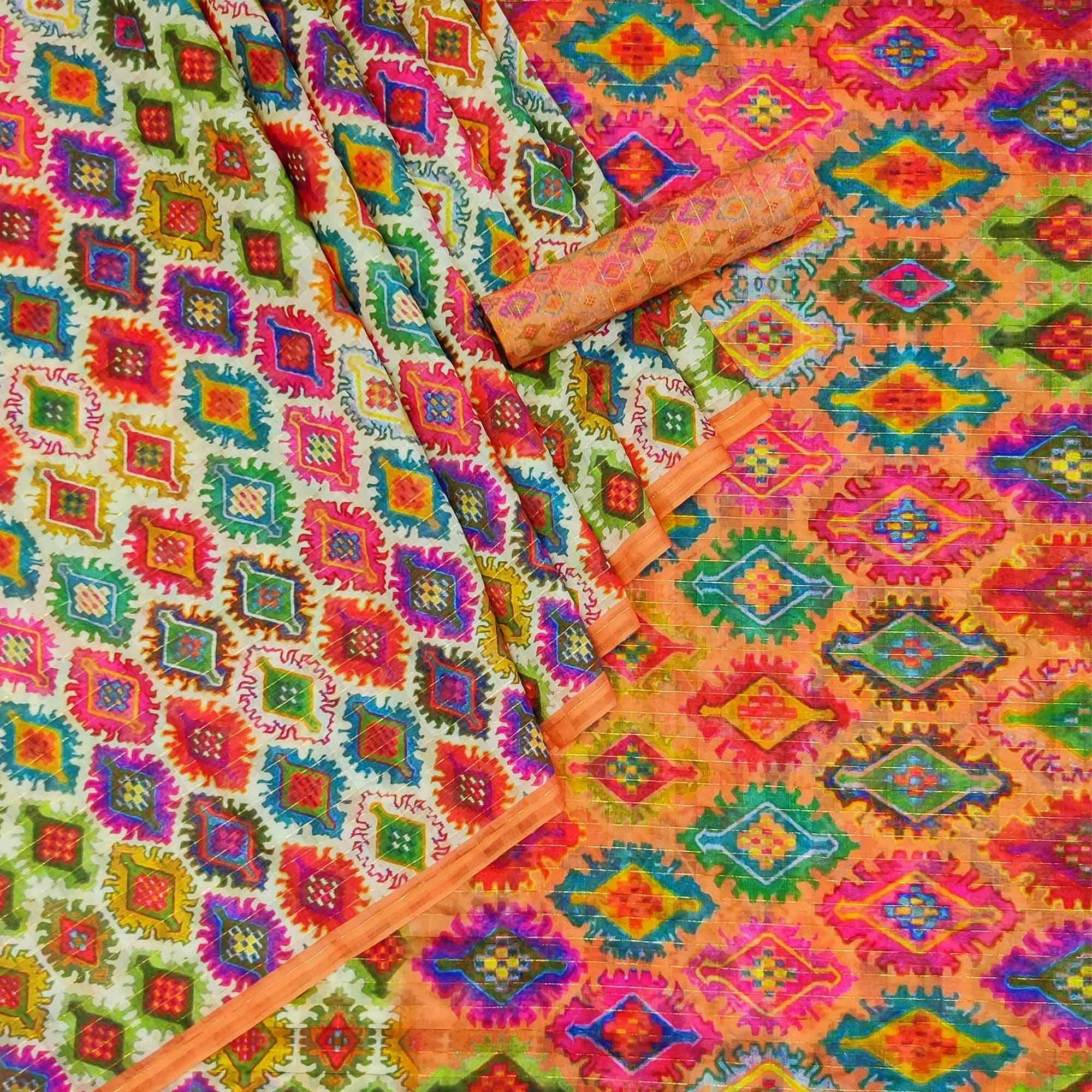 Multicolour Casual Wear Printed Cotton Silk Saree - Peachmode