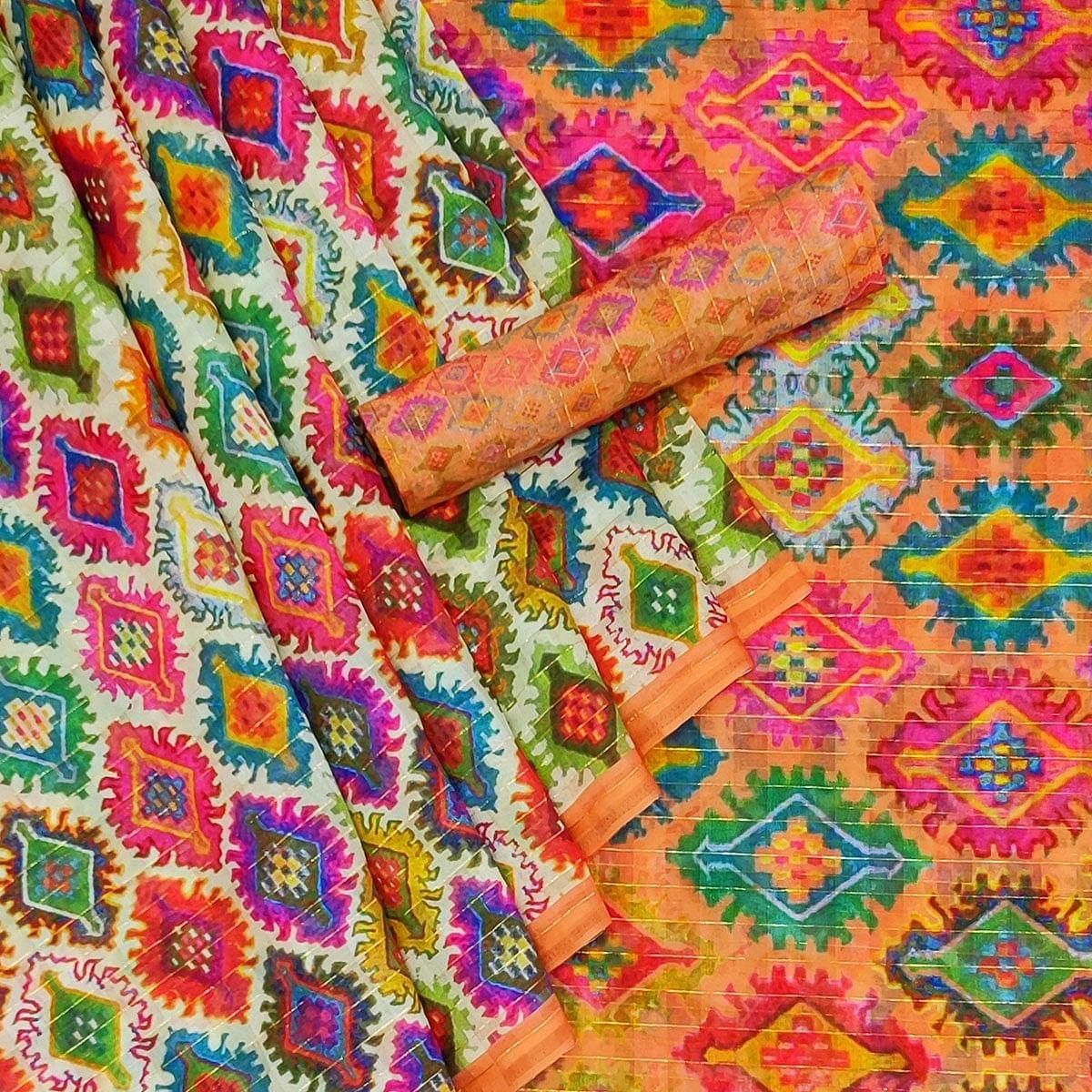 Multicolour Casual Wear Printed Cotton Silk Saree - Peachmode