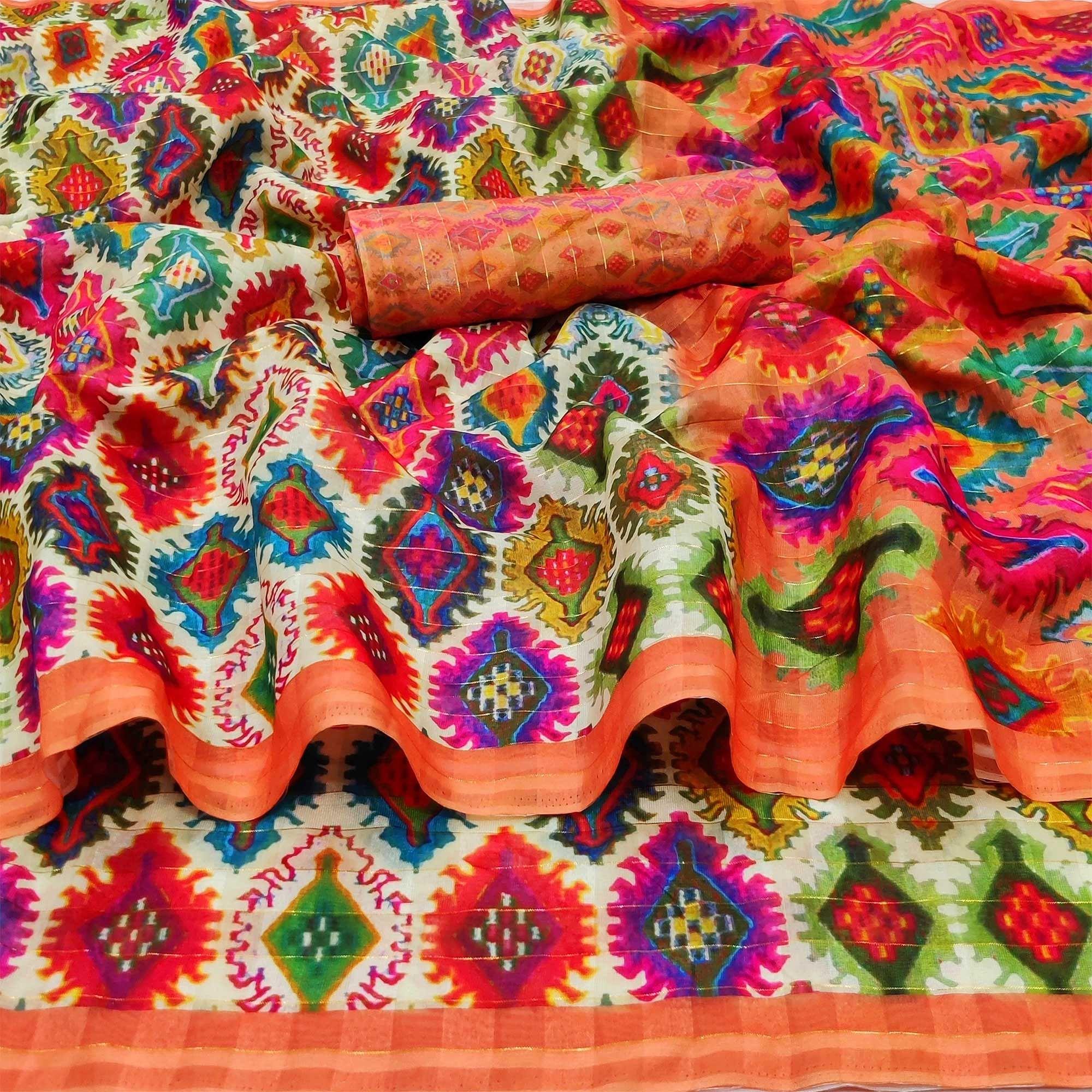 Multicolour Casual Wear Printed Cotton Silk Saree - Peachmode