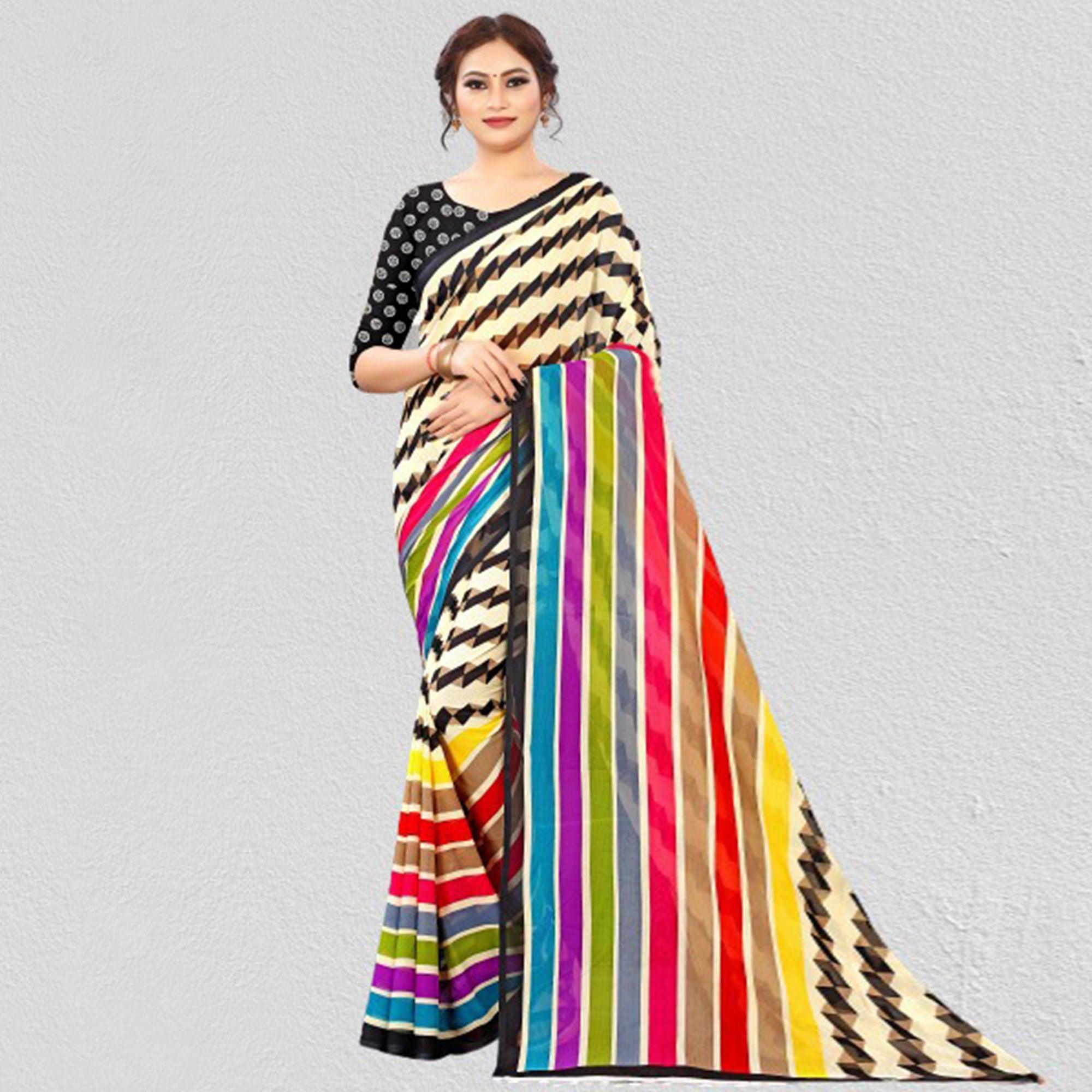 Multicolour Casual Wear Printed Georgette Saree - Peachmode