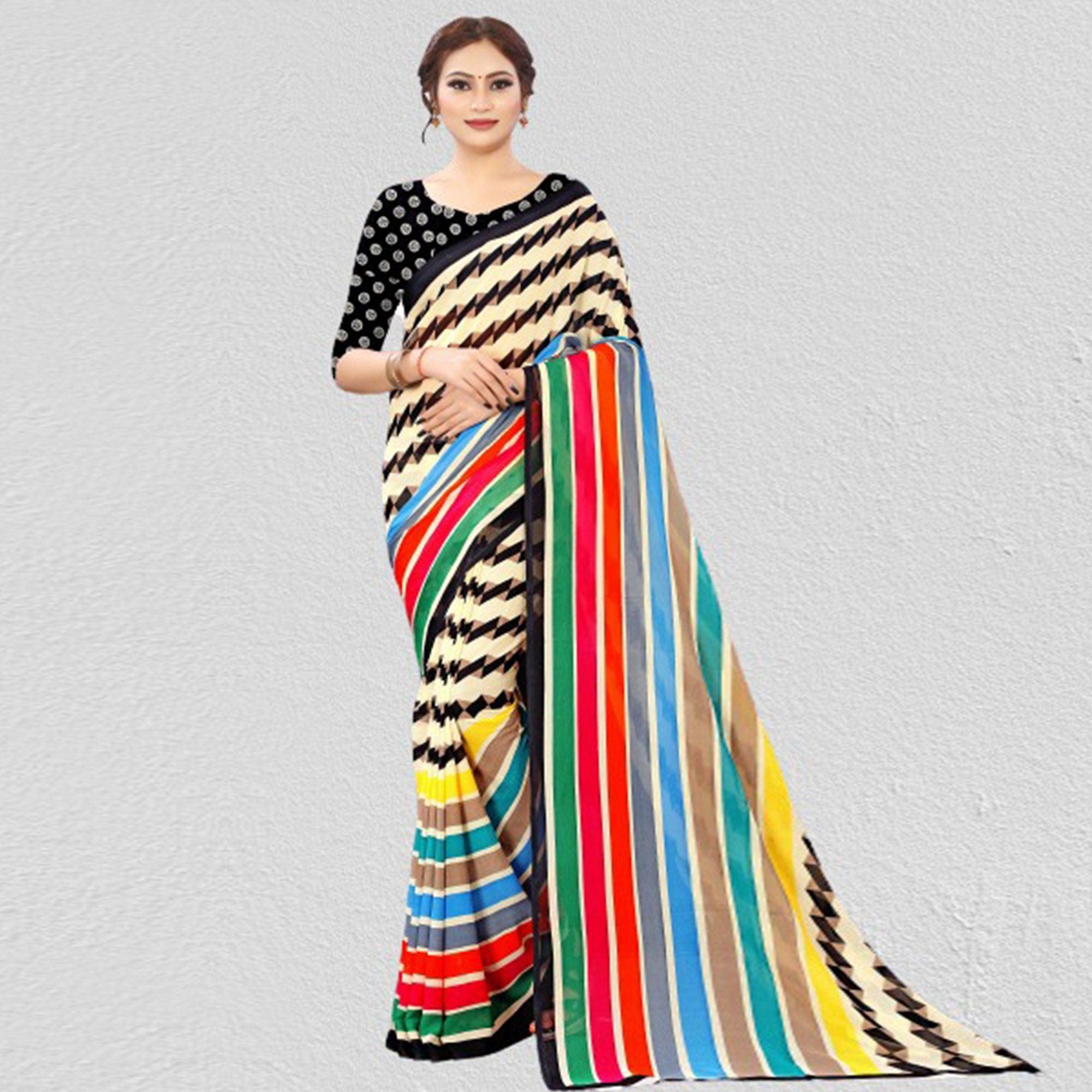 Multicolour Casual Wear Printed Georgette Saree - Peachmode