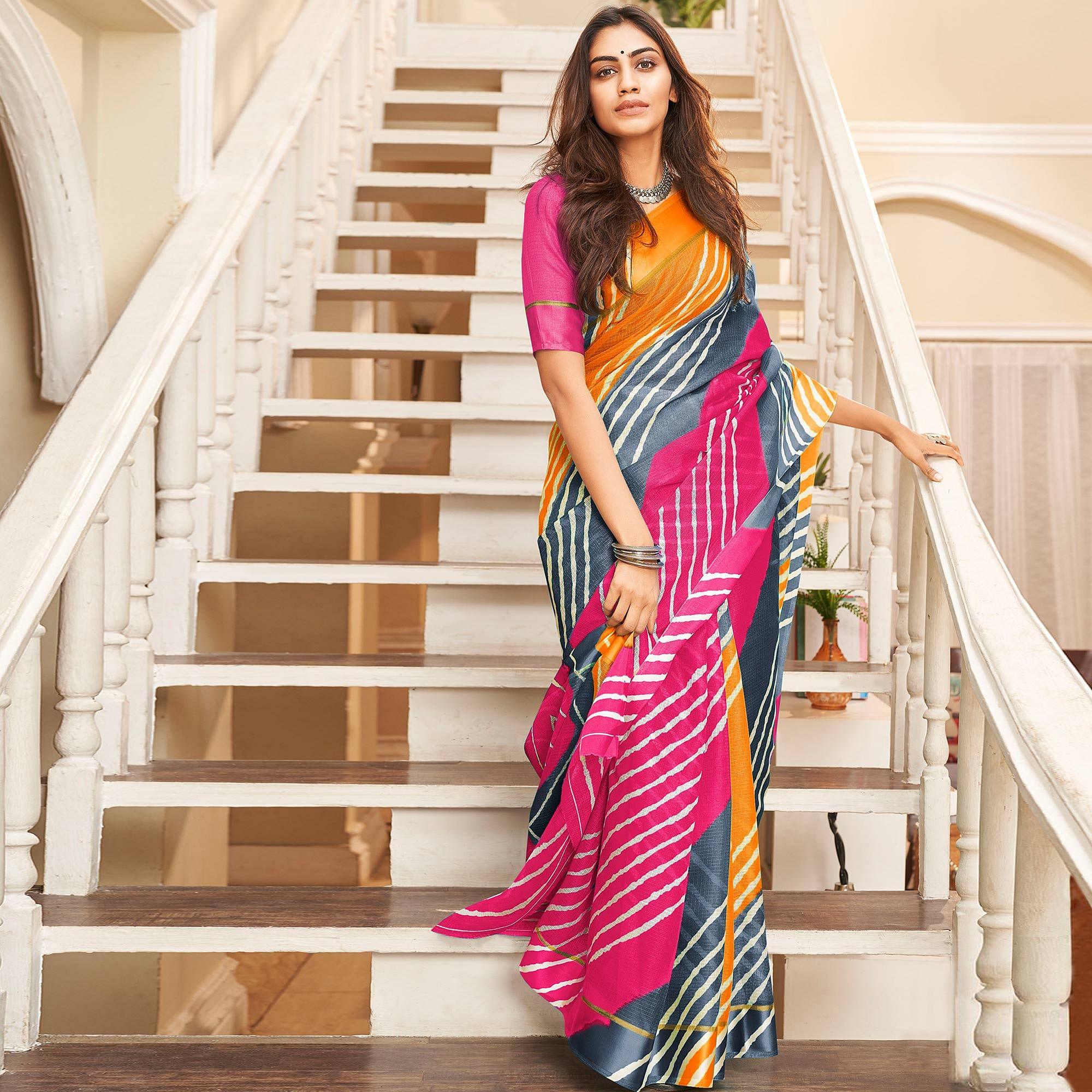 Multicolour Casual Wear Stripe Printed Art Silk Saree - Peachmode