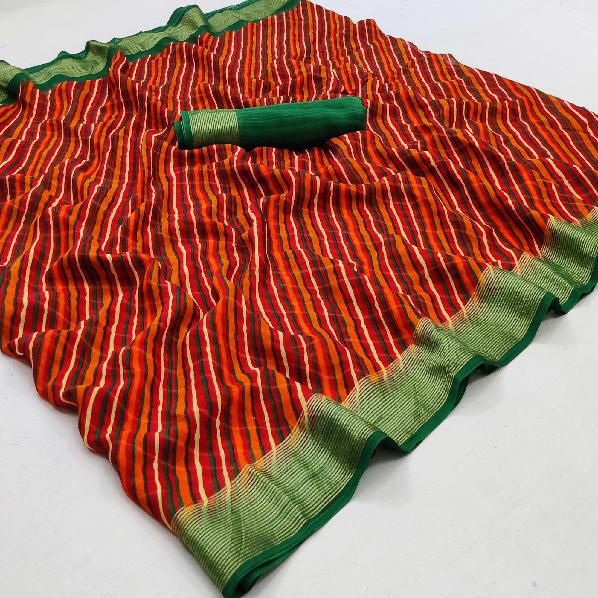 Multicolour Casual Wear Stripe Printed Chiffon Saree - Peachmode