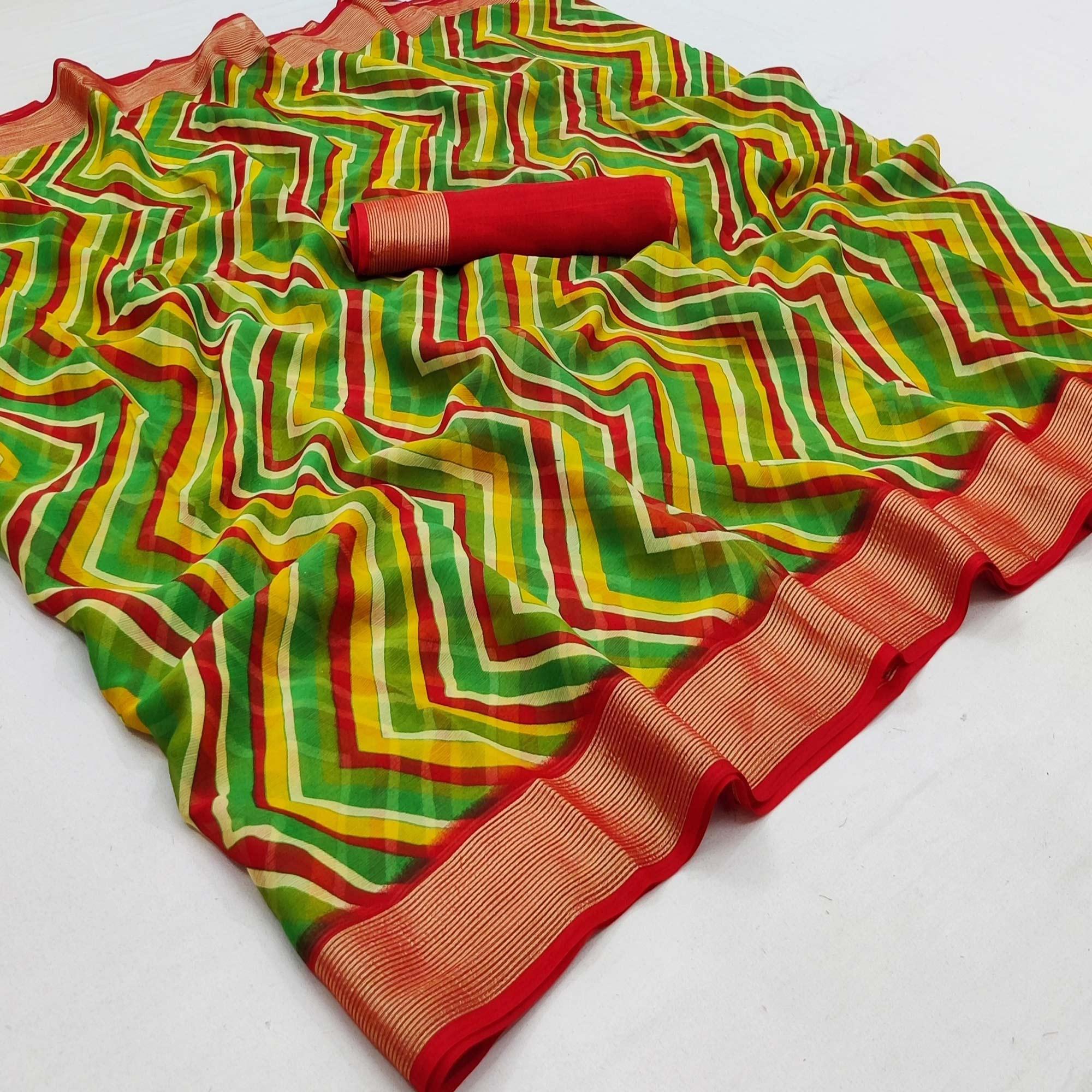 Multicolour Casual Wear Stripe Printed Chiffon Saree - Peachmode